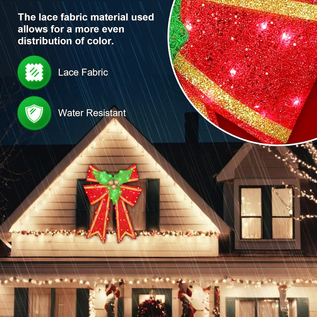 28in Pre-Lit Christmas Bow Decoration, Large Outdoor LED Holiday Yard Deco, Red and Green with Gold Accents, Pre-lit Holiday Door Wreath Topper,16Light Functions, Timer, Hook