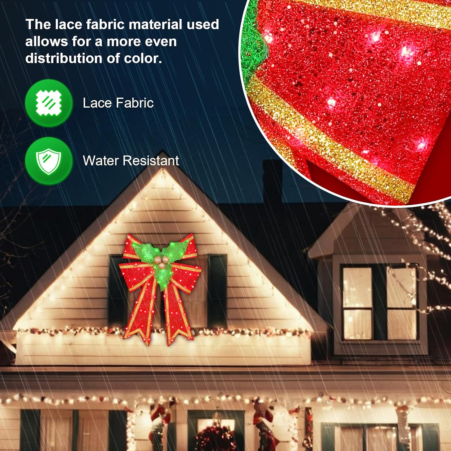 28in Pre-Lit Christmas Bow Decoration, Large Outdoor LED Holiday Yard Deco, Red and Green with Gold Accents, Pre-lit Holiday Door Wreath Topper,16Light Functions, Timer, Hook