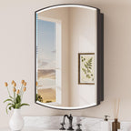 Keonjinn Black Medicine Cabinet with Mirror 20” x 30”, Metal Framed Wall Cabinet with Beveled Mirror, Surface Mount or Recessed Arched Medicine Cabinet for Bathroom,Bathroom Mirror with Storage