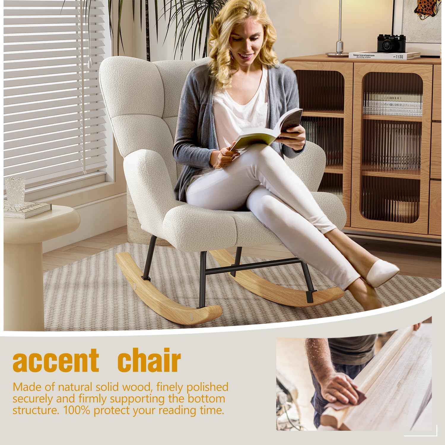 VIRRMO Glider Rocking Chair for Bedroom Chair, Comfy Accent Chair Reading Chair with High Backrest Armchair Teddy Soft Upholstered Living Room Chairs for Nursery Bedroom Home (Milky White)