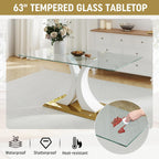 7 Pieces Modern Luxury Glass Dining Set, Large Minimalist Rectangle Dinner Set for 6, 63'' Clear Glass Top Kitchen Table Set with White & Gold Base, Black Dining Chairs, for Apartment