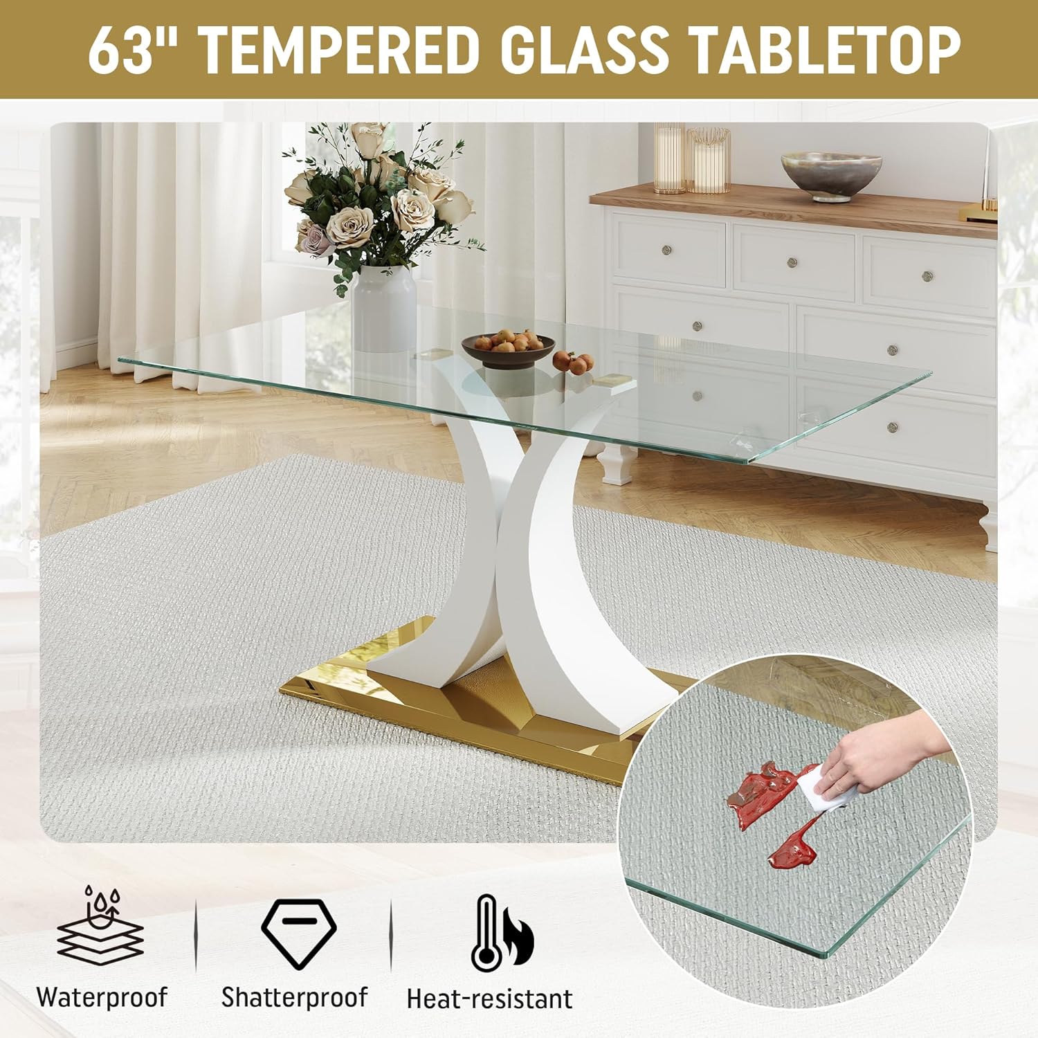 7 Pieces Modern Luxury Glass Dining Set, Large Minimalist Rectangle Dinner Set for 6, 63'' Clear Glass Top Kitchen Table Set with White & Gold Base, Black Dining Chairs, for Apartment