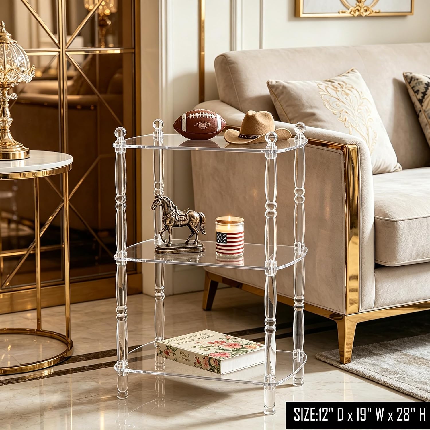 3 Tier Clear Acrylic Table, Accent Furniture for Living Room, Bedroom Clear Nightstand Side End Tables 12" D x 19" W x 28" H