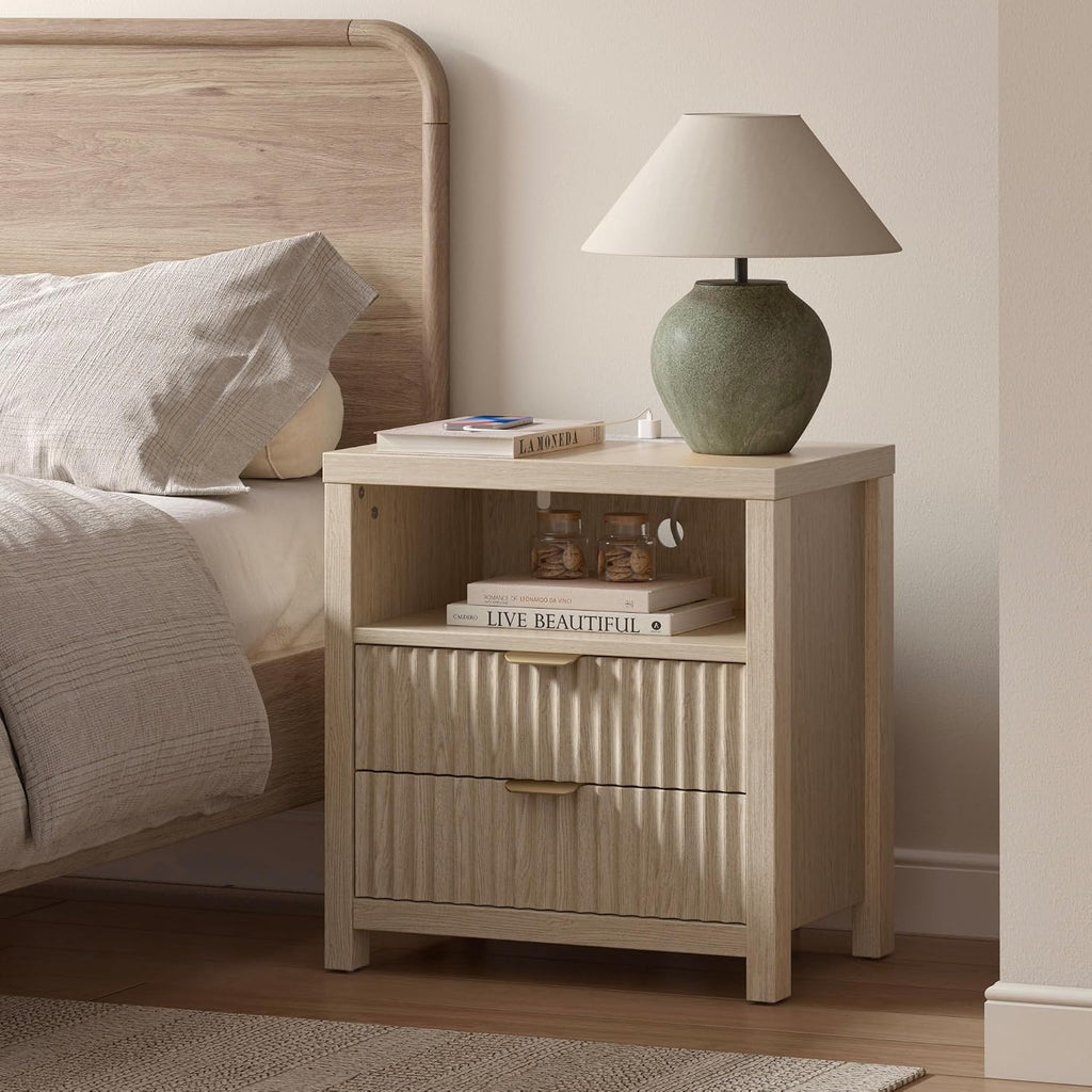 Furnulem Nightstand with Charging Station, 2 Drawers Fluted Night Stand | 19.7 inch Wide Bedside Table for Bedroom , Modern Nightstand with Wooden Legs and Metal Handle, Wood End Table, Natural Oak