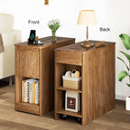 Narrow Side Table with Charging Station, End Table with Storage, Drawer and Wheels, Flip Top Small Modern Nightstand with USB Ports and Outlets for Living Room, Bedroom, Office (Walnut)