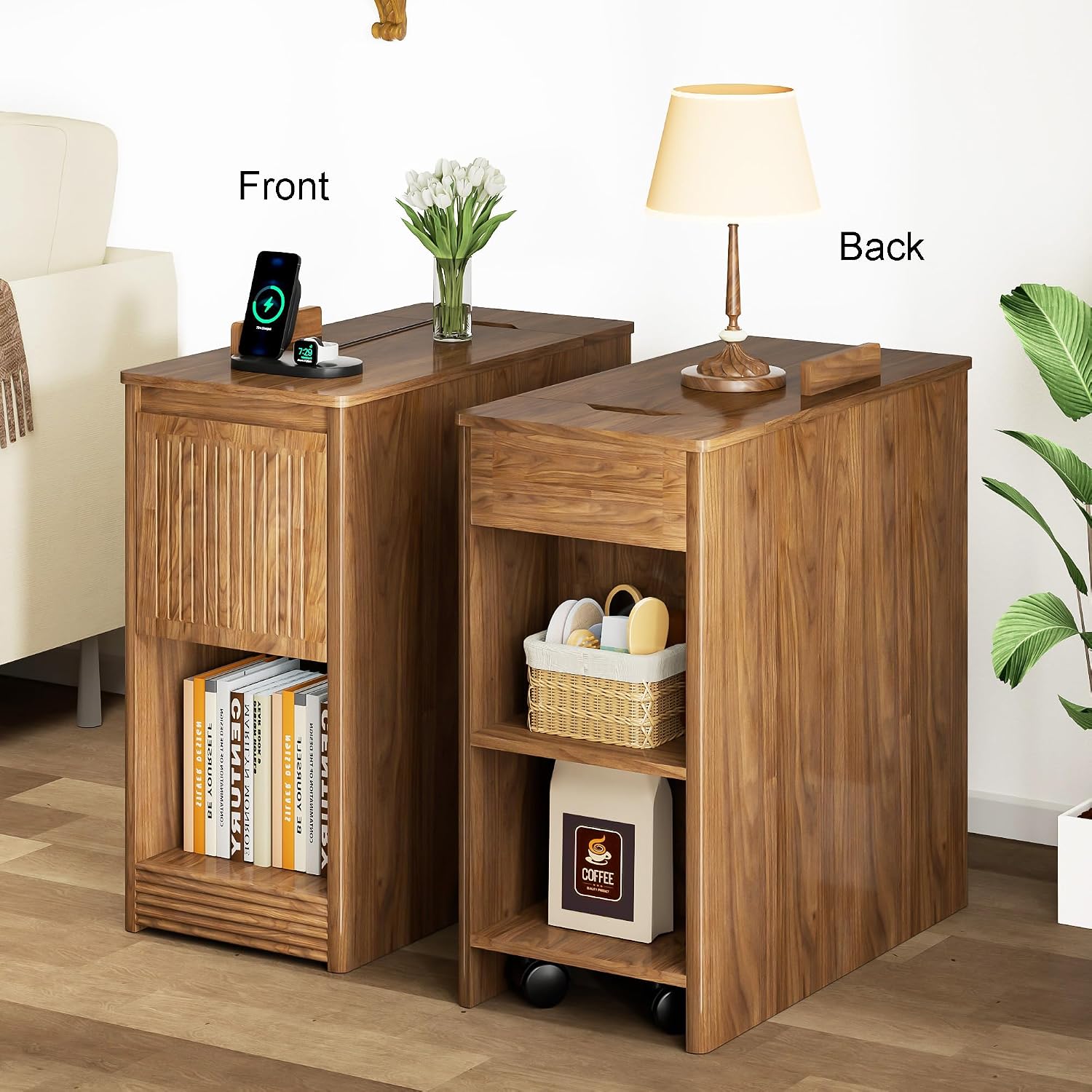 Narrow Side Table with Charging Station, End Table with Storage, Drawer and Wheels, Flip Top Small Modern Nightstand with USB Ports and Outlets for Living Room, Bedroom, Office (Walnut)