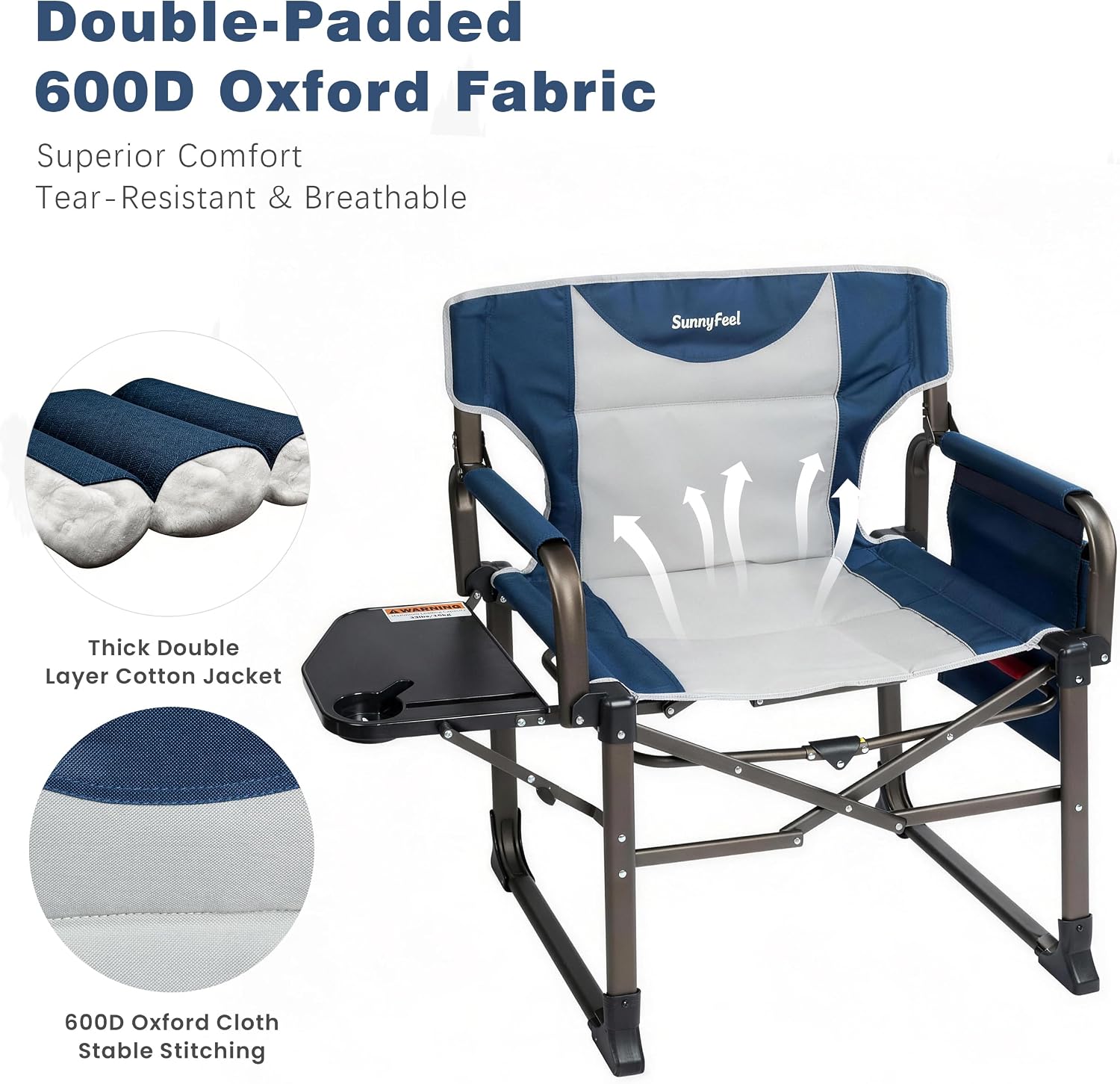 SUNNYFEEL Oversized Camping Directors Chair 2 Pack Portable Foldable Camp Chair for Adults Support 600lbs with Side Pocket and Side Table for Beach, Fishing, Trip, Picnic, Lawn, Outdoor Blue