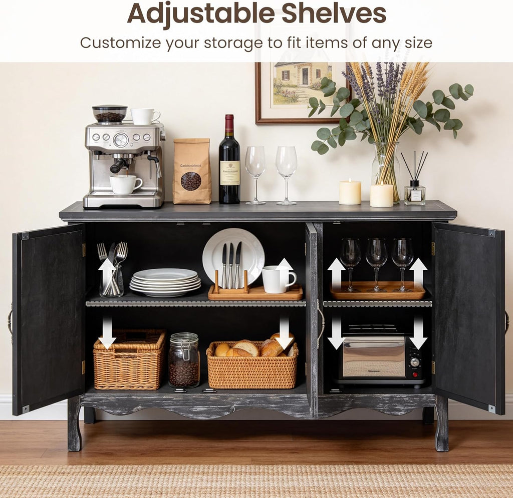 RoyalCraft Buffet Cabinet with Storage, Vintage Solid Wood Sideboard Table Coffee Bar Wine Bar Storage Cabinet with 3 Doors for Dining Room, Living Room, Hallway, Distressed Black