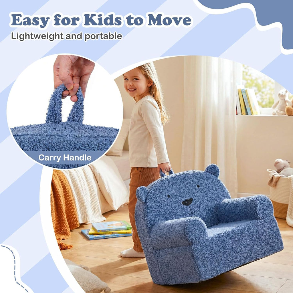 Costzon Kids Sofa, Comfy Bear Toddler Foam Couch with Soft Fleece Fabric Cover, Kids Furniture for Playroom, Children Reading Armchair for Boys & Girls Aged 3+ (["Teddy Fleece],Blue)