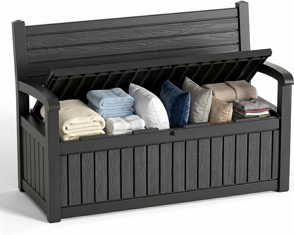 80Gal Resin Outdoor Deck Storage Bench, Lockable Waterproof UV Protected Patio Box, Weatherproof Porch Pool Garden Furniture for Yard Tools & Seat Cushions, Black