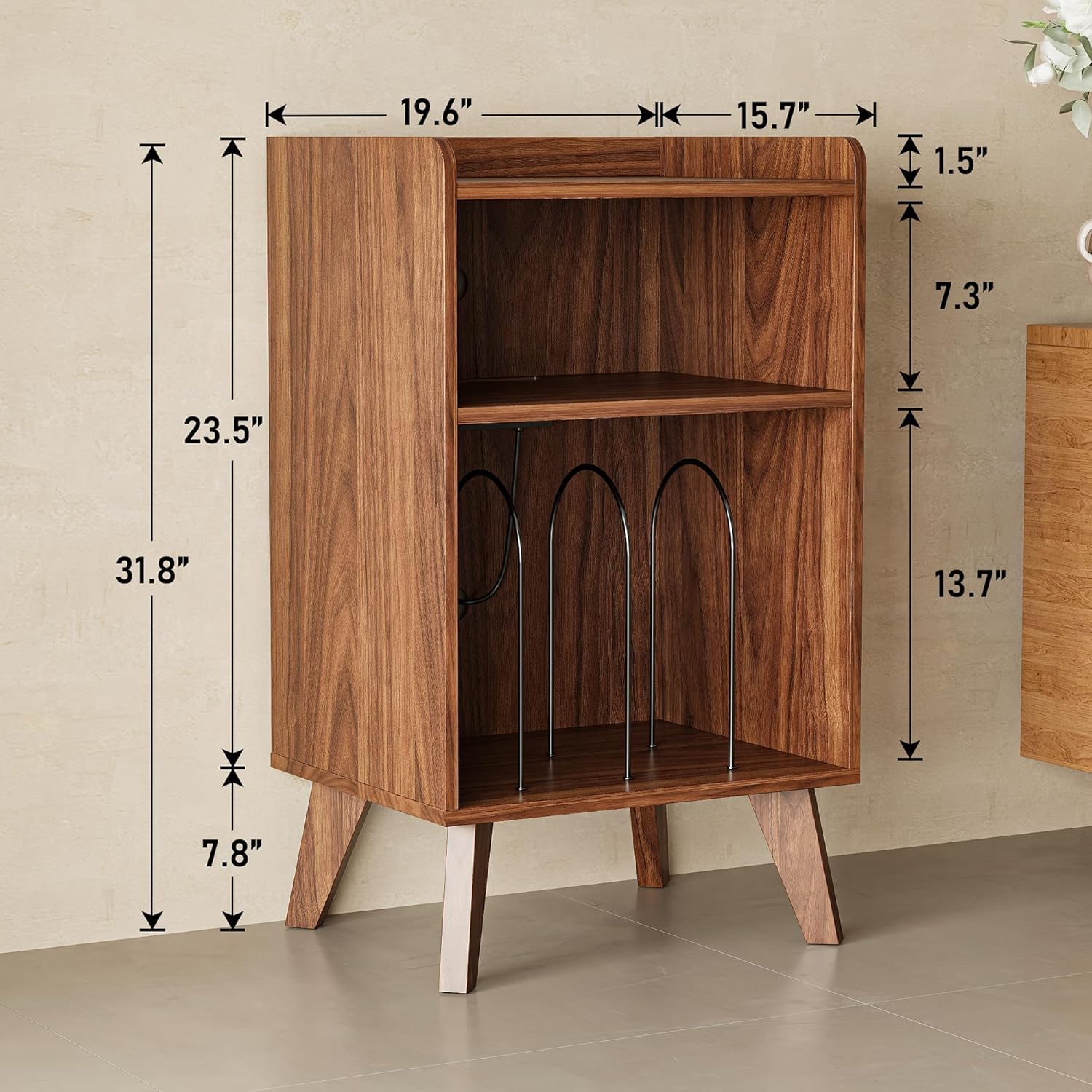 Record Player Stand, Turntable Stand with Record Storage and Charging Station & USB Ports, Record Player Table with Metal Divider, Record Stand Up to 160 Albums for Living Room, Bedroom Walnut