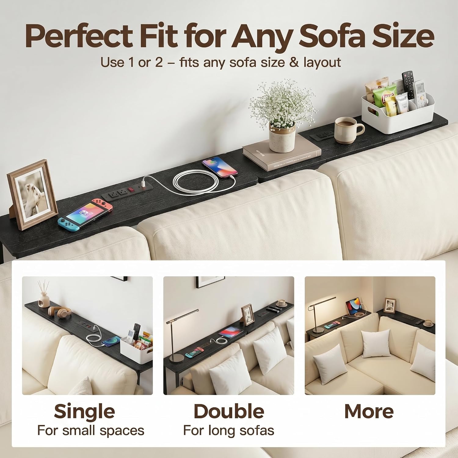 8.6" Narrow Console Table Behind Couch, 39.7” L x 32.3” H, Slim Sofa Table with Fast Charging Station for Small Spaces, Skinny Entryway & Hallway Table, Easy Assembly（Black）