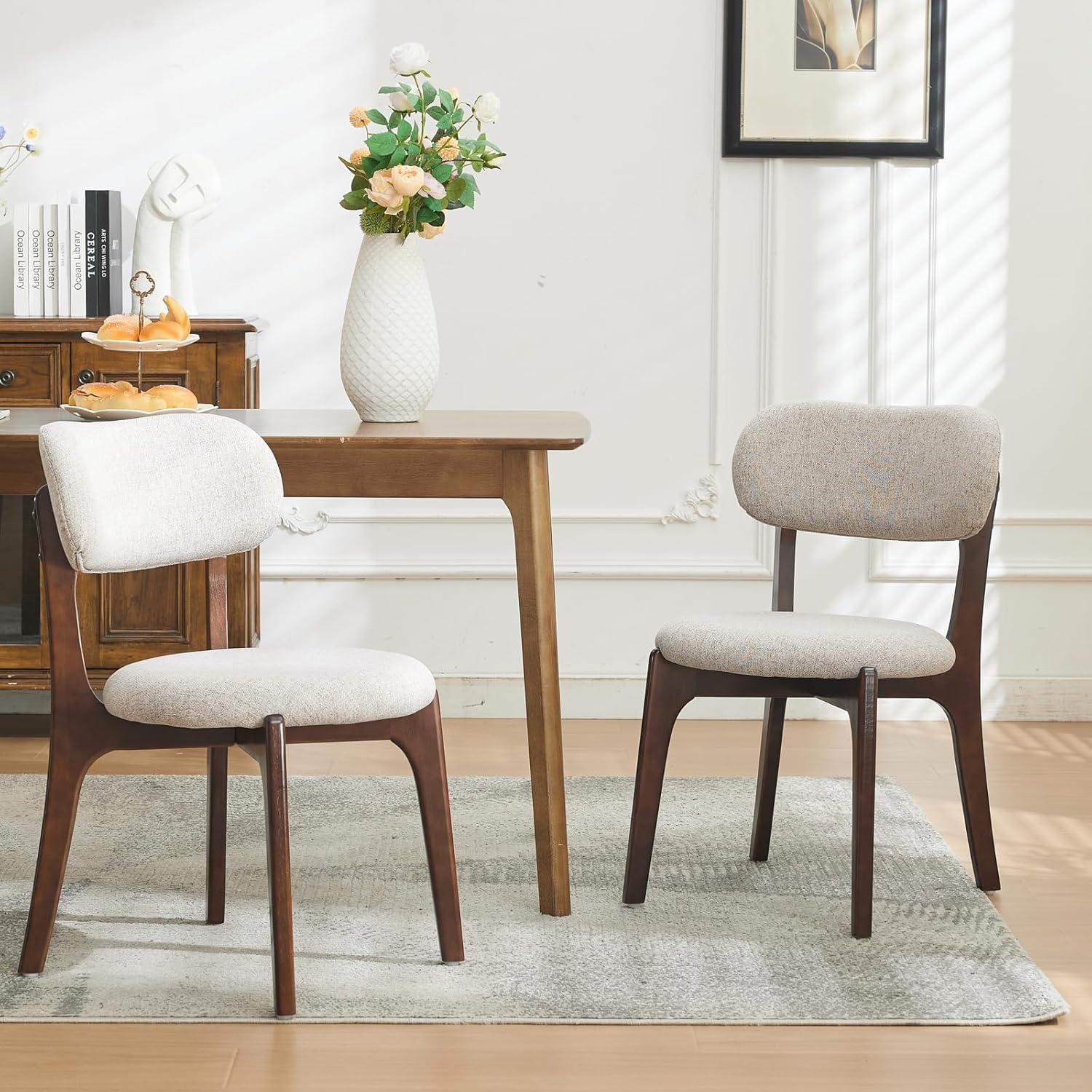 Set of 2 Upholstered Dining Chairs, Mid Century Modern Wood Dining Room Chairs with Curved Back, Solid Wooden Legs Padded Kitchen Chairs & Side Chairs for Home, Restaurant, Cafe - Beige Fabric