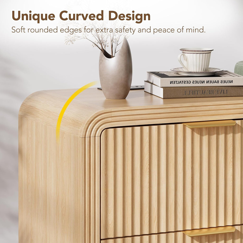 Decofy 23'' Wide Fluted Nightstand Set of 2 with Charging Station, Oak | Beside Table with Drawers & Open Shelf, Mordern Large Night Stand with Curved Corners, Wood End Table for Bedroom