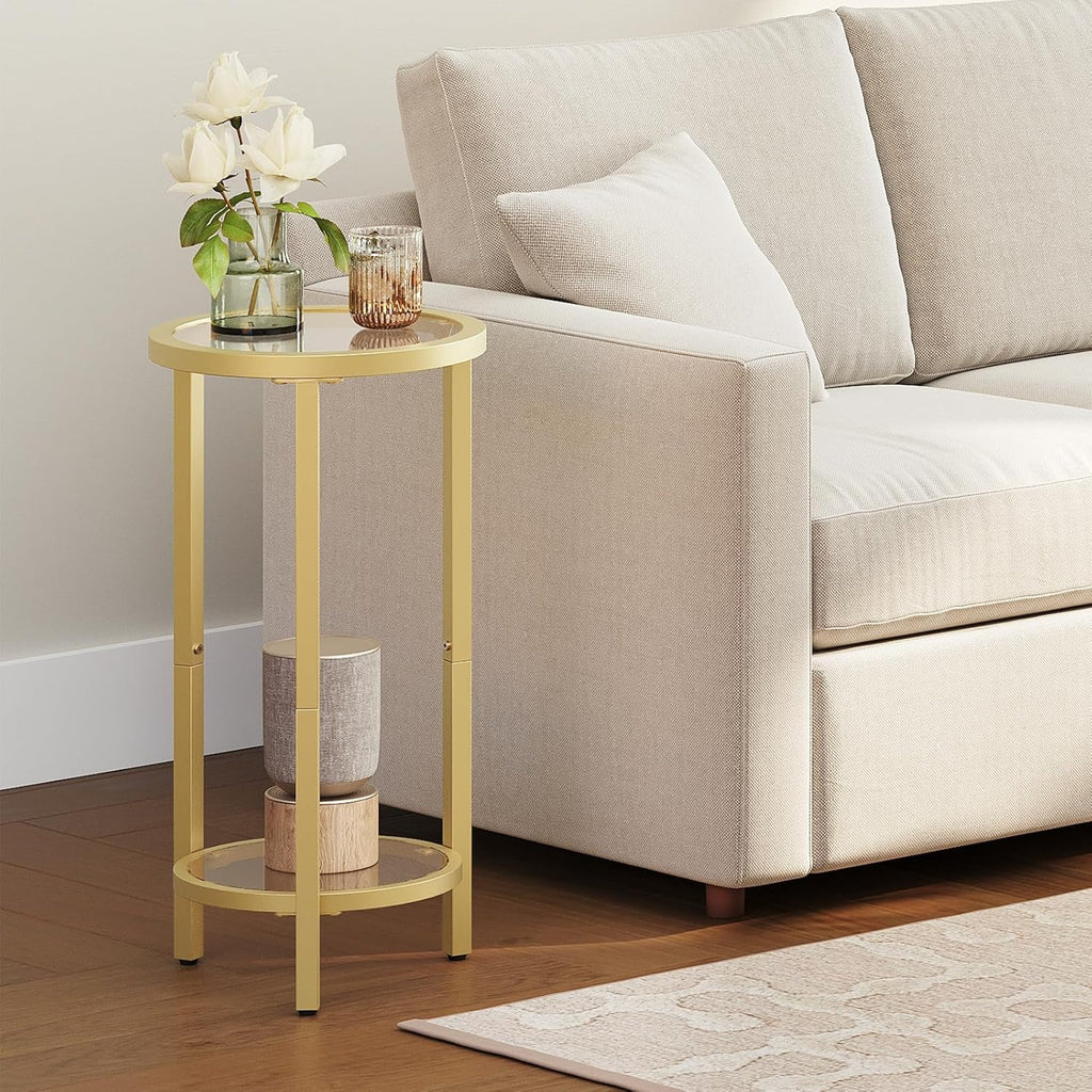 HOOBRO Small Round Side Table, Gold Accent End Table with Tempered Glass Tabletop, 28” H Nightstand for Small Space, Living Room, Bedroom, Balcony, Gold GD228BZ01