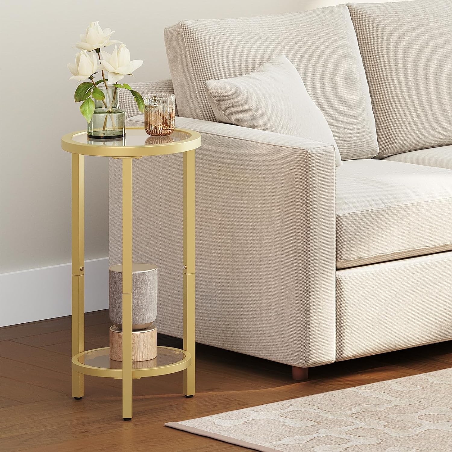 HOOBRO Small Round Side Table, Gold Accent End Table with Tempered Glass Tabletop, 28” H Nightstand for Small Space, Living Room, Bedroom, Balcony, Gold GD228BZ01