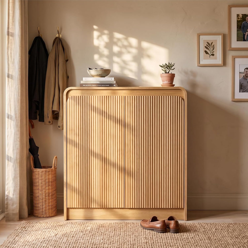 FURSUN Modern Fluted Sideboard with Curved Design, 31" Wood Buffet Cabinet with 2 Doors & Adjustable Shelves, Elegant Coffee Bar Cabinet for Kitchen, Dining Room & Entryway, Natural Oak