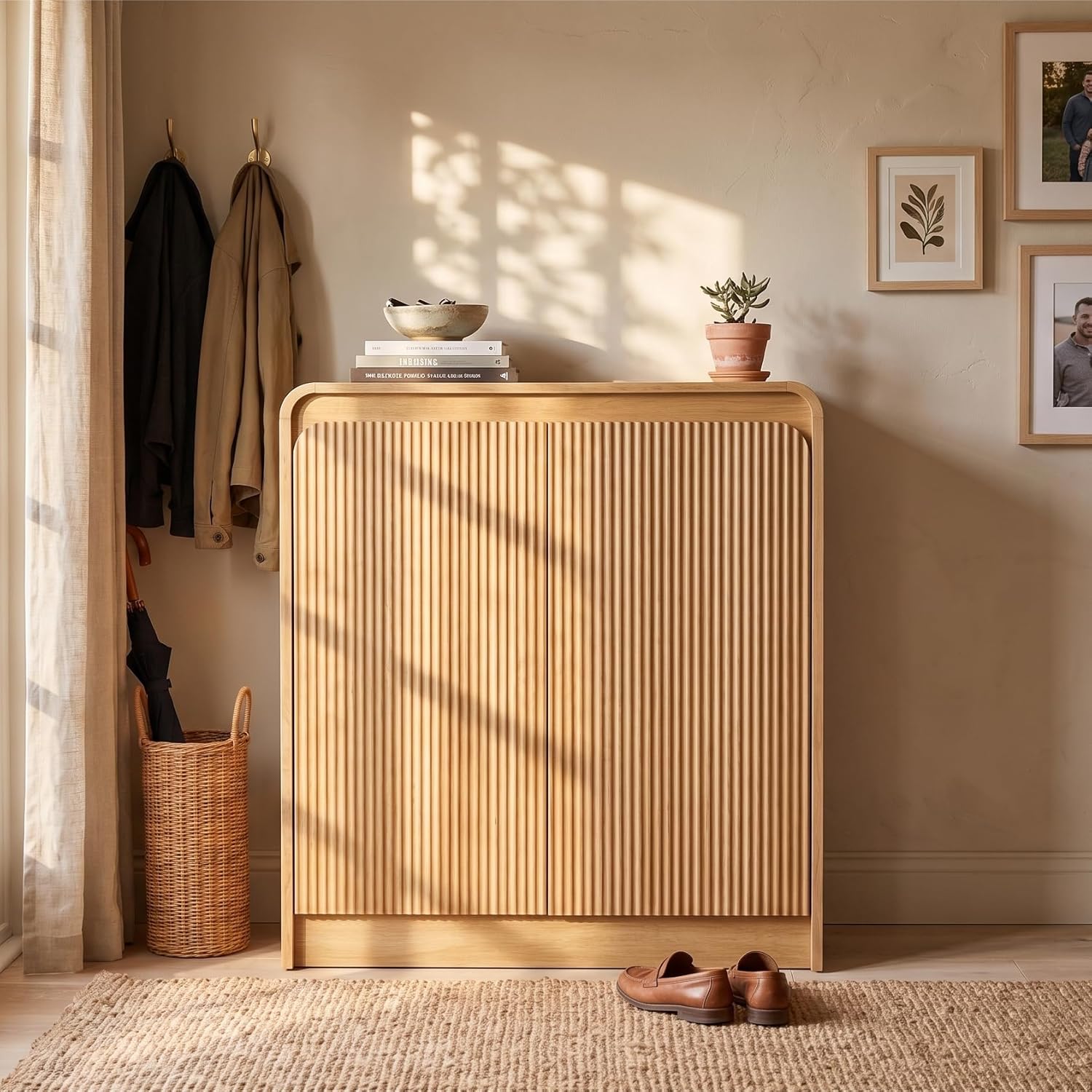 FURSUN Modern Fluted Sideboard with Curved Design, 31" Wood Buffet Cabinet with 2 Doors & Adjustable Shelves, Elegant Coffee Bar Cabinet for Kitchen, Dining Room & Entryway, Natural Oak