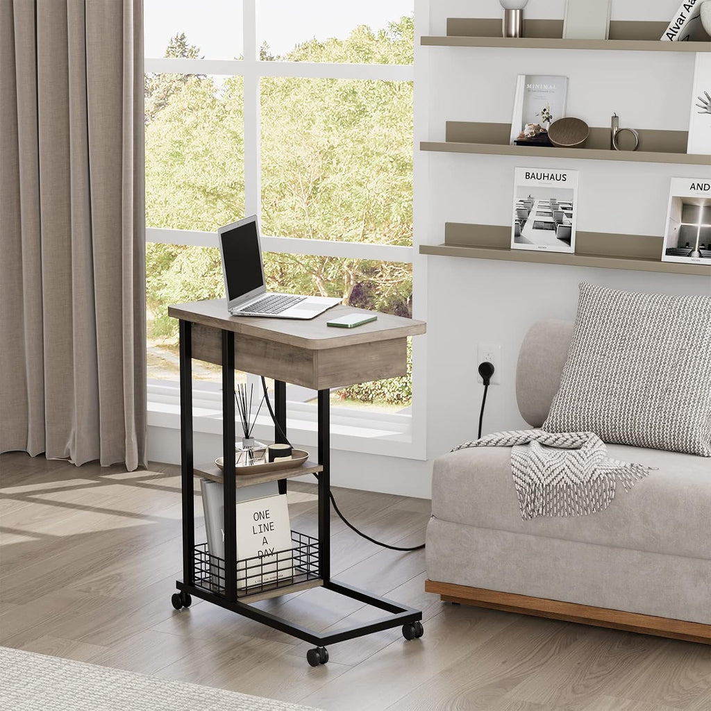 IDEALHOUSE C Shaped End Table with Charging Station, Grey Flip Top Sofa Table with USB Ports and Outlets, Narrow Side Table with 3 Tier Storage Shelf for Living Room, Bedroom, Small Spaces