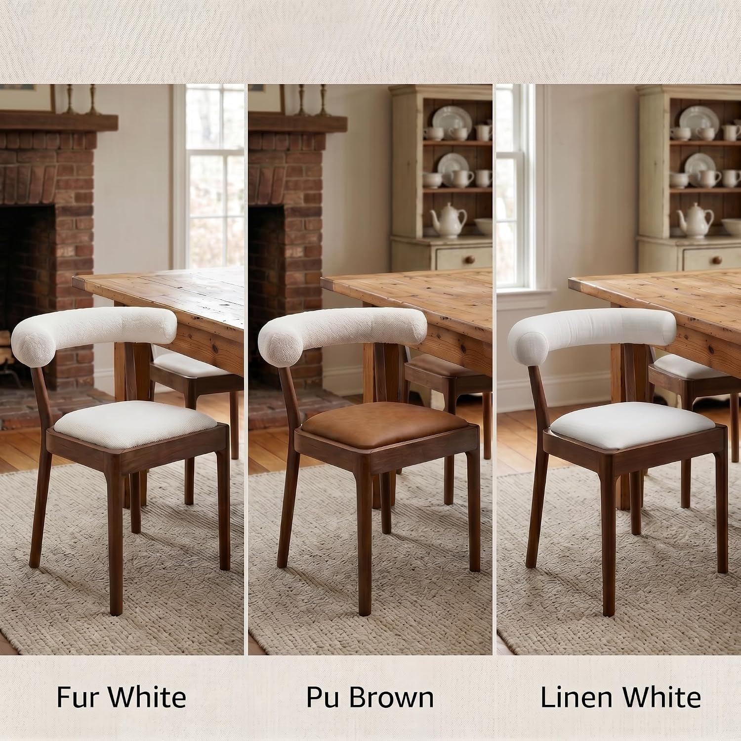 chairus Barrel Back Dining Chairs Set of 4, Farmhouse Upholstered Dining Chairs with Natural Walnut Finished Frame Comfy Unique Curved Open Back for Kitchen/Restaurant/Dining Room, Linen White