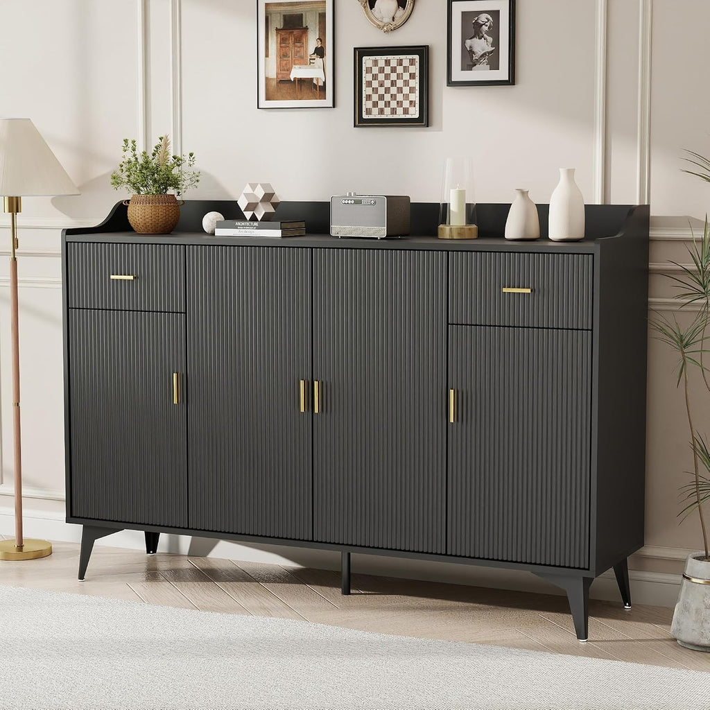 Sideboard Buffet Cabinet with Storage: 63" Black Credenza Storage Cabinet with Drawers, Modern Tall Fluted Buffet Cabinets with 4 Doors for Living Room and Kitchen (63")