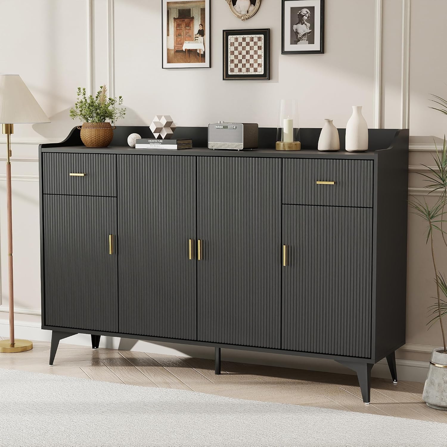 Sideboard Buffet Cabinet with Storage: 63" Black Credenza Storage Cabinet with Drawers, Modern Tall Fluted Buffet Cabinets with 4 Doors for Living Room and Kitchen (63")