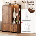 Armoire Wardrobe Closet with 2 Drawers, 3 Open Shelves, Sensor Light, 71” Tall Bedroom Armoire with Hanging Hooks and 2 Doors, Modern Fluted Wooden Closet Combination with Large Storage, Walnut