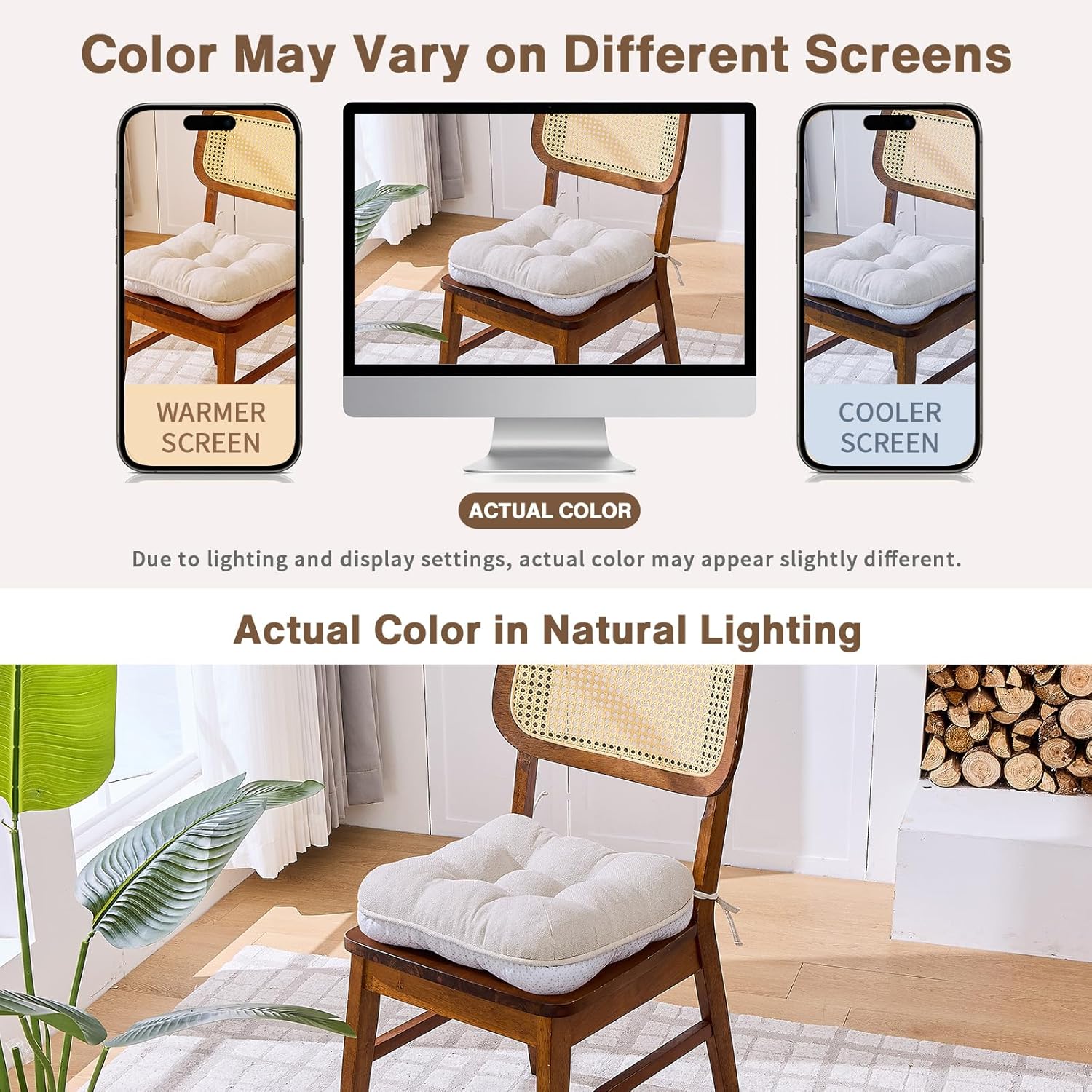 BETU Chair Cushions for Dining Chairs Set of 4,3.5" Thick Kitchen Table Chair Pads with Ties,Non Slip Backing and Covers, Seat Cushion for Dining Room,Bar,Patio Chairs,15.5"X15.5"X3.5",Beige