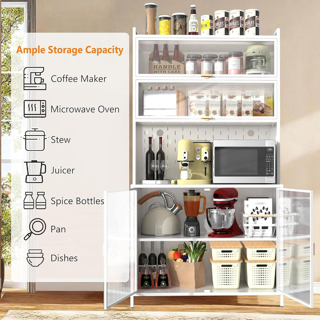 Spaco 73" Tall Kitchen Pantry Cabinet,6 Tiers Food Pantry Cabinet with Adjustable Shelves and Side Hooks,Anti-Tip Display Storage Cupboard for Kitchen,Living Room and Dining Room. (White)