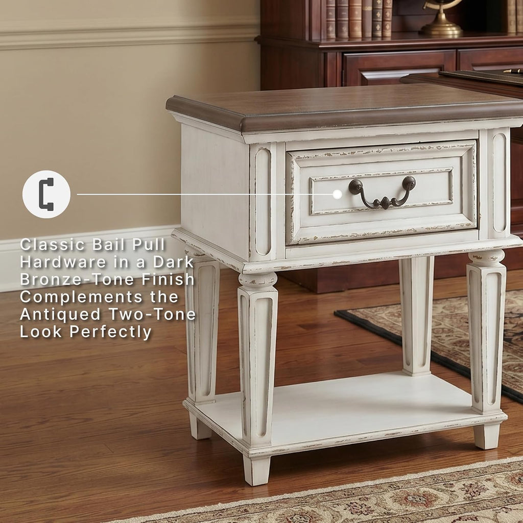 Signature Design by Ashley Realyn Traditional Cottage 1 Drawer Nightstand with Dovetail Construction & Open Display Shelf, Chipped White, 27" Tall, Distressed Brown