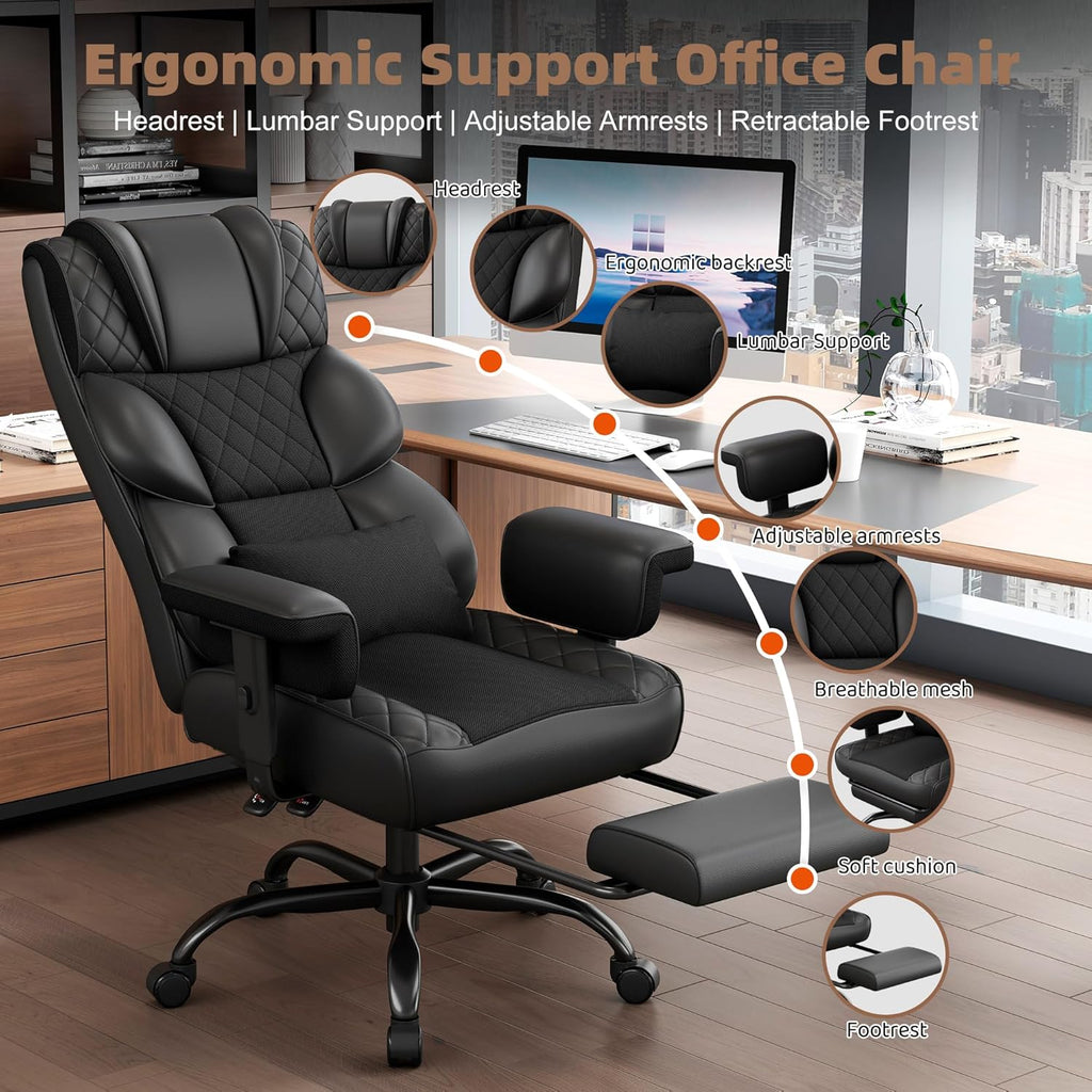 Vonesse Big and Tall Office Chair, Desk Chair with Soft Adjustable Armrests, Ergonomic High Back Gaming Chair with Lumbar Support, Executive Computer Chairs with Footrest (PU Leather, Black)