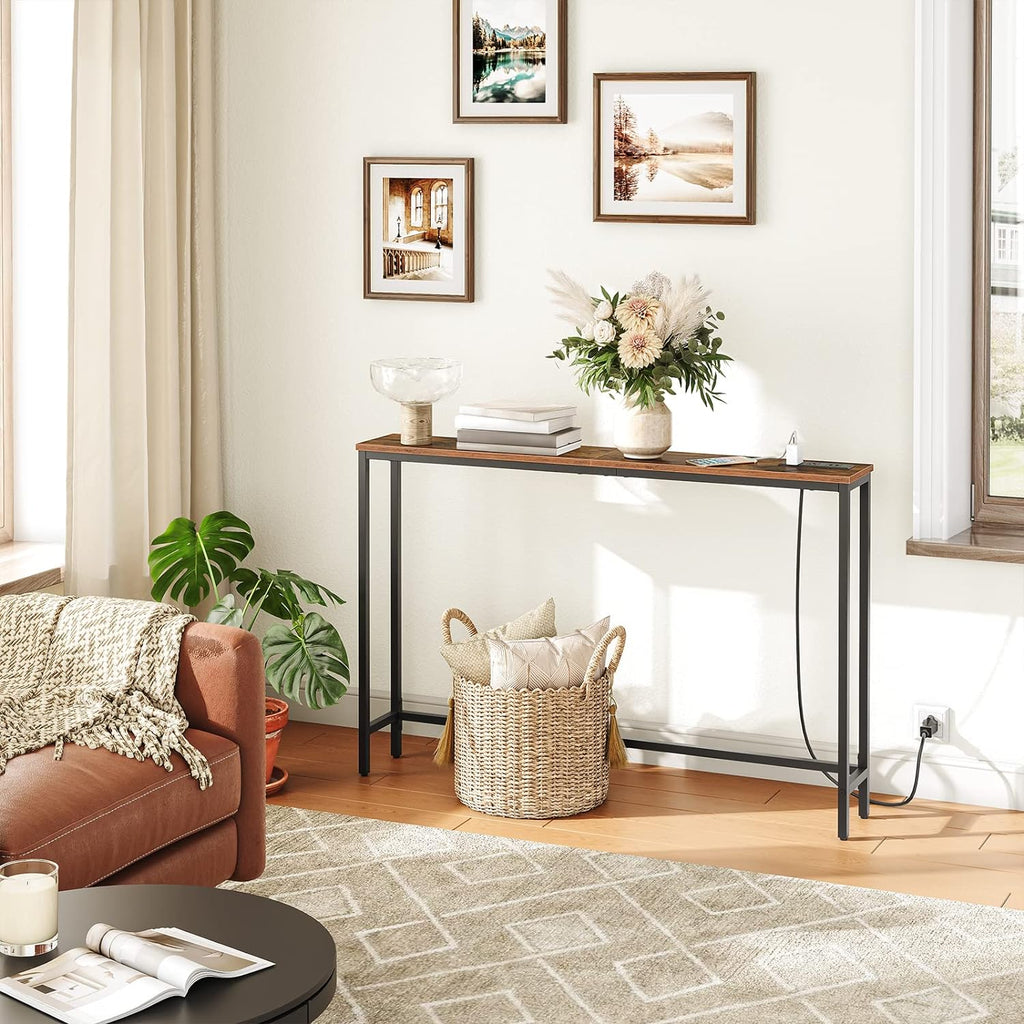 HOOBRO 47.2" Narrow Console Table with Power Outlet, 5.9" Behind Couch Table with Charging Station, Long Sofa Side Table, Skinny Entryway Table for Living Room, Hallway, Foyer, Rustic Brown BF15XG01G1
