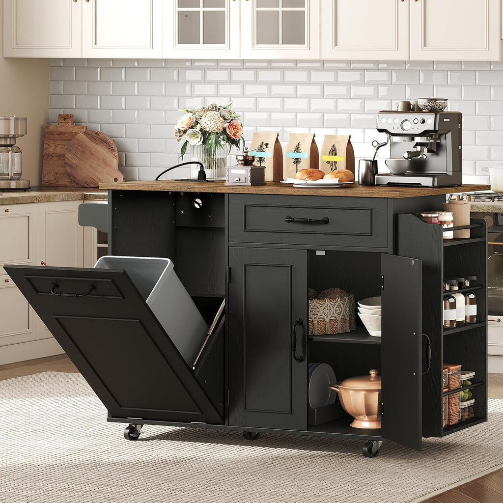 RALGEND Kitchen Island with Power Outlet & Drop Leaf, Mobile Rolling Cart with Trash Can Storage, 3-Tier Spice Rack, Island Table for Kitchen, Dining Room, Black and Rustic Brown