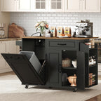RALGEND Kitchen Island with Power Outlet & Drop Leaf, Mobile Rolling Cart with Trash Can Storage, 3-Tier Spice Rack, Island Table for Kitchen, Dining Room, Black and Rustic Brown