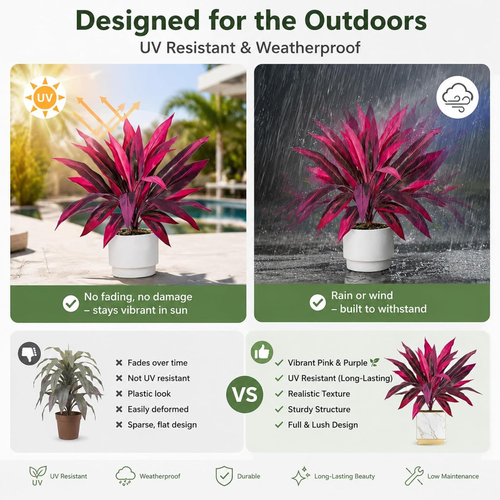 Large Realistic Artificial Boston Fern & Dragon's Blood Tree Artificial Turf UV Resistant Red Fern Ti Plants Vibrant Pink & Purple Faux Foliage Faux Fake Ferns Shrubs Outdoor Garden Decor