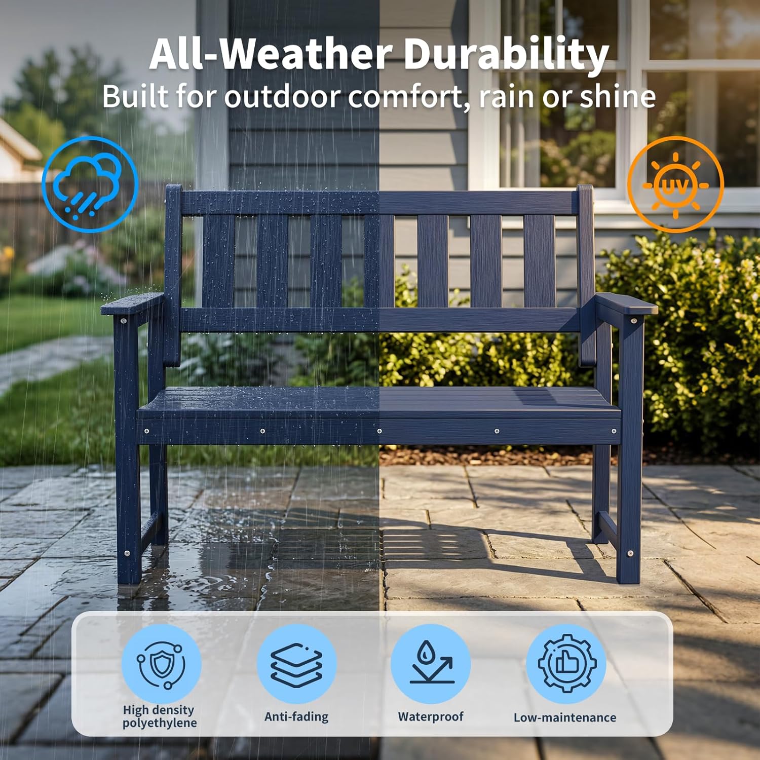 HDPE 2-Person Outdoor Bench, Poly Lumber All-Weather Patio Garden Bench with Backrest, 50 Inch Heavy-Duty Memorial Bench with 800 Lbs Capacity for Outside, Yard, Porch, Balcony and Park (Blue)