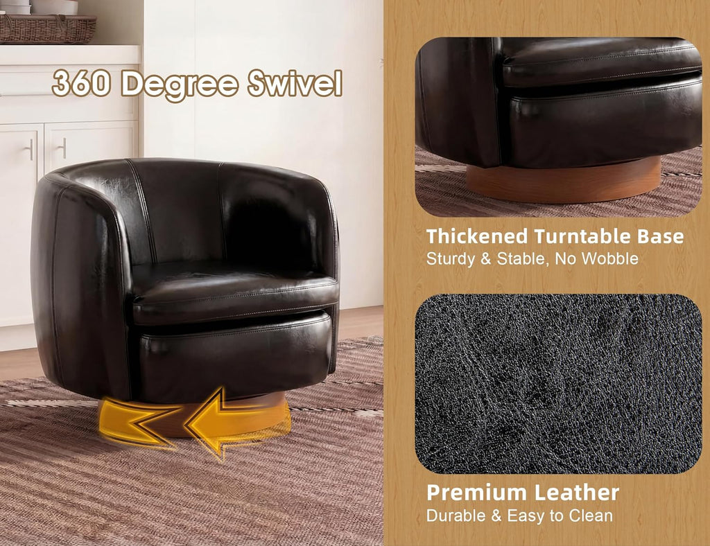 Mistpeople Swivel Barrel Accent Chair, 360° Rotating Small Single Sofa Chair, Upholstered Round Armchair with Solid Wood Base, Modern Comfy Mini Sofa for Living Room, Bedroom, Office, Black