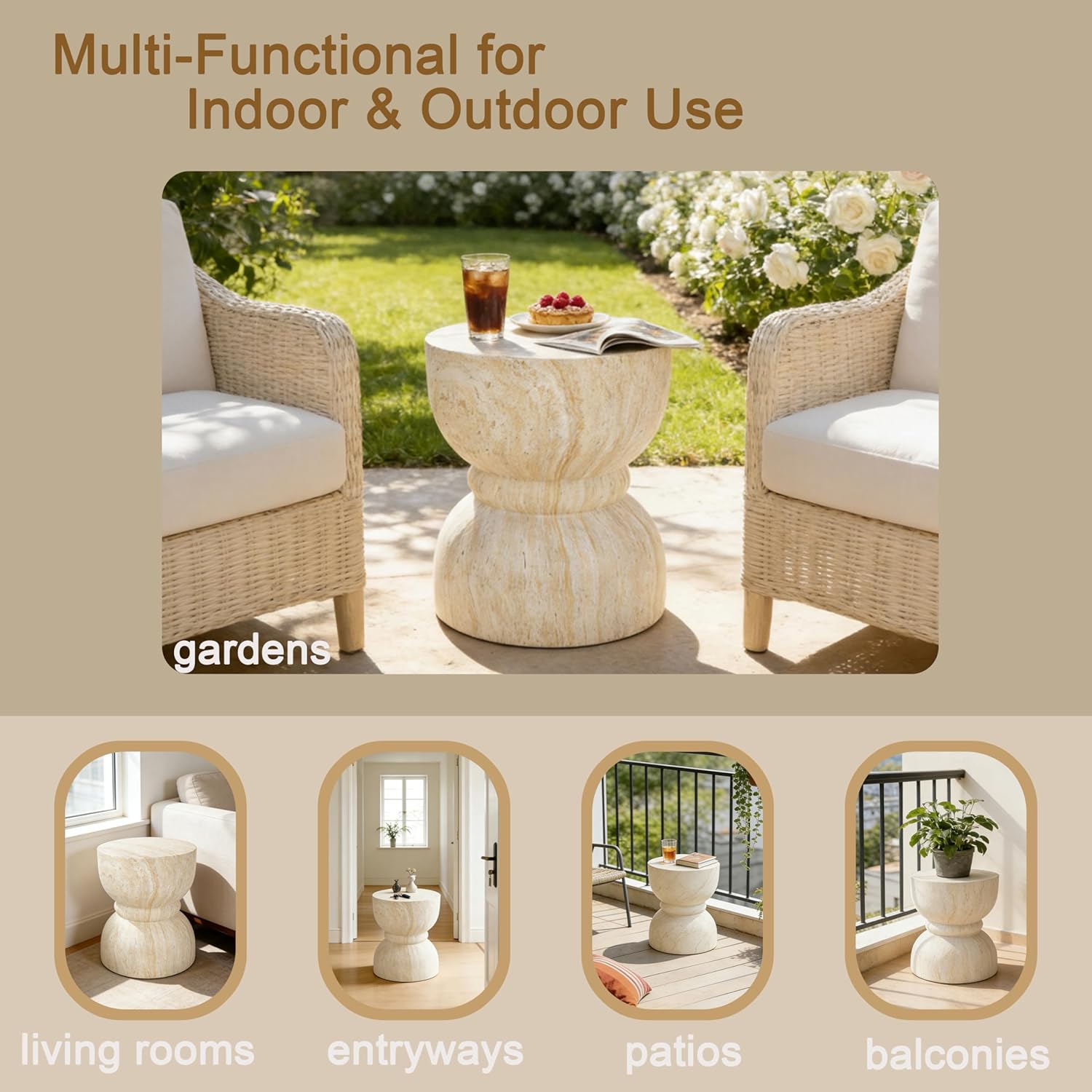 Outdoor Side Table, Round Waist End Table Indoor Imitation Natural Stone Texture Small Table for Living Room Patio Porch Garden Stool, Weather-Resistant