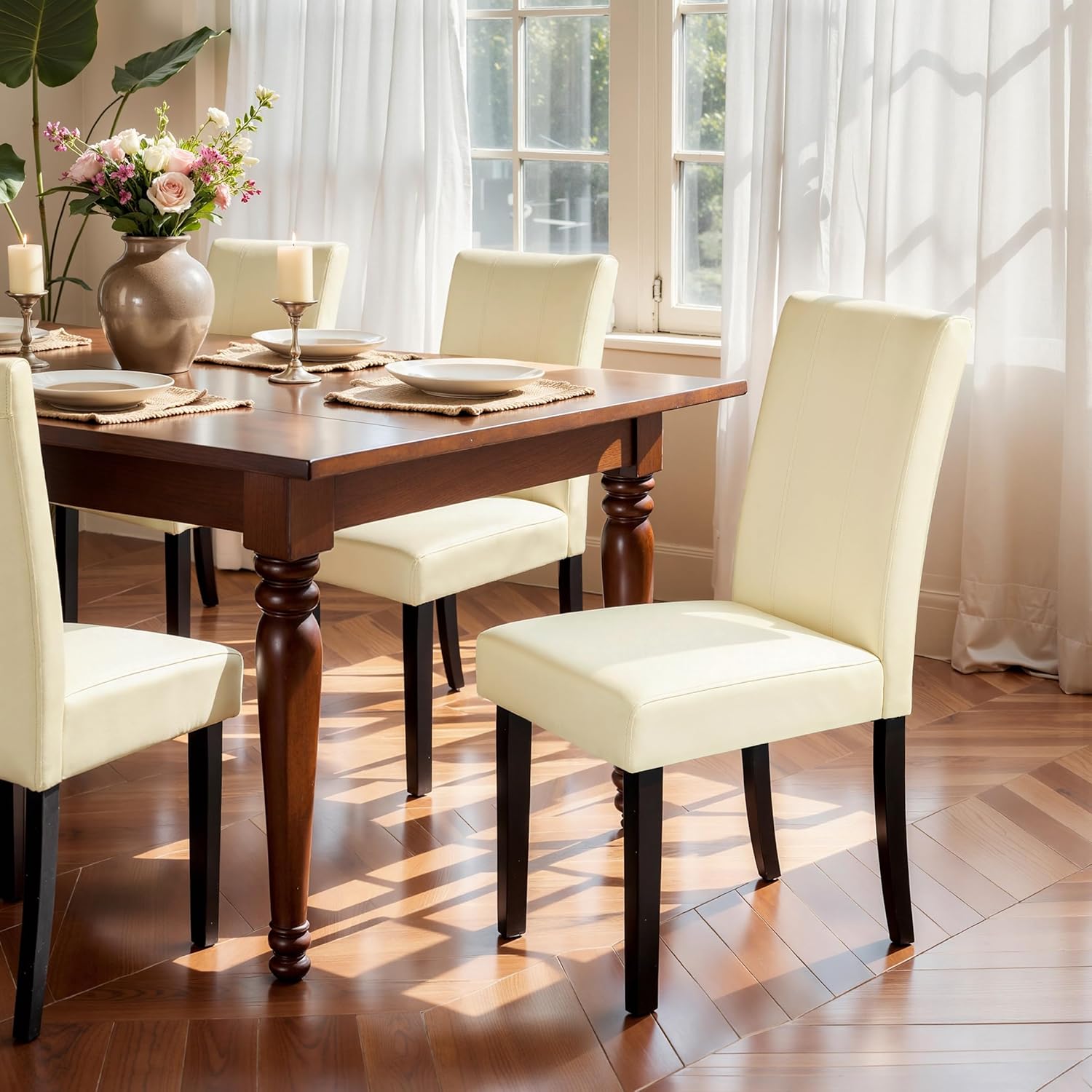 SyMax Dining Chairs Set of 4, Faux Leather Upholstered Dining Room Chairs, Modern Parsons Kitchen Chairs with Wood Legs, Cream(Only Chairs)