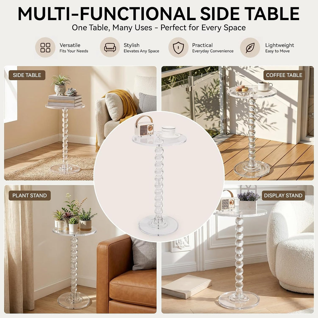Acrylic Side Table, Clear Round End Table, Pedestal Side Tables 11.8" X 21.7", Modern Nightstand for Living Room Bedroom Balcony Decor, Easy Assembly for Small Spaces Transparent