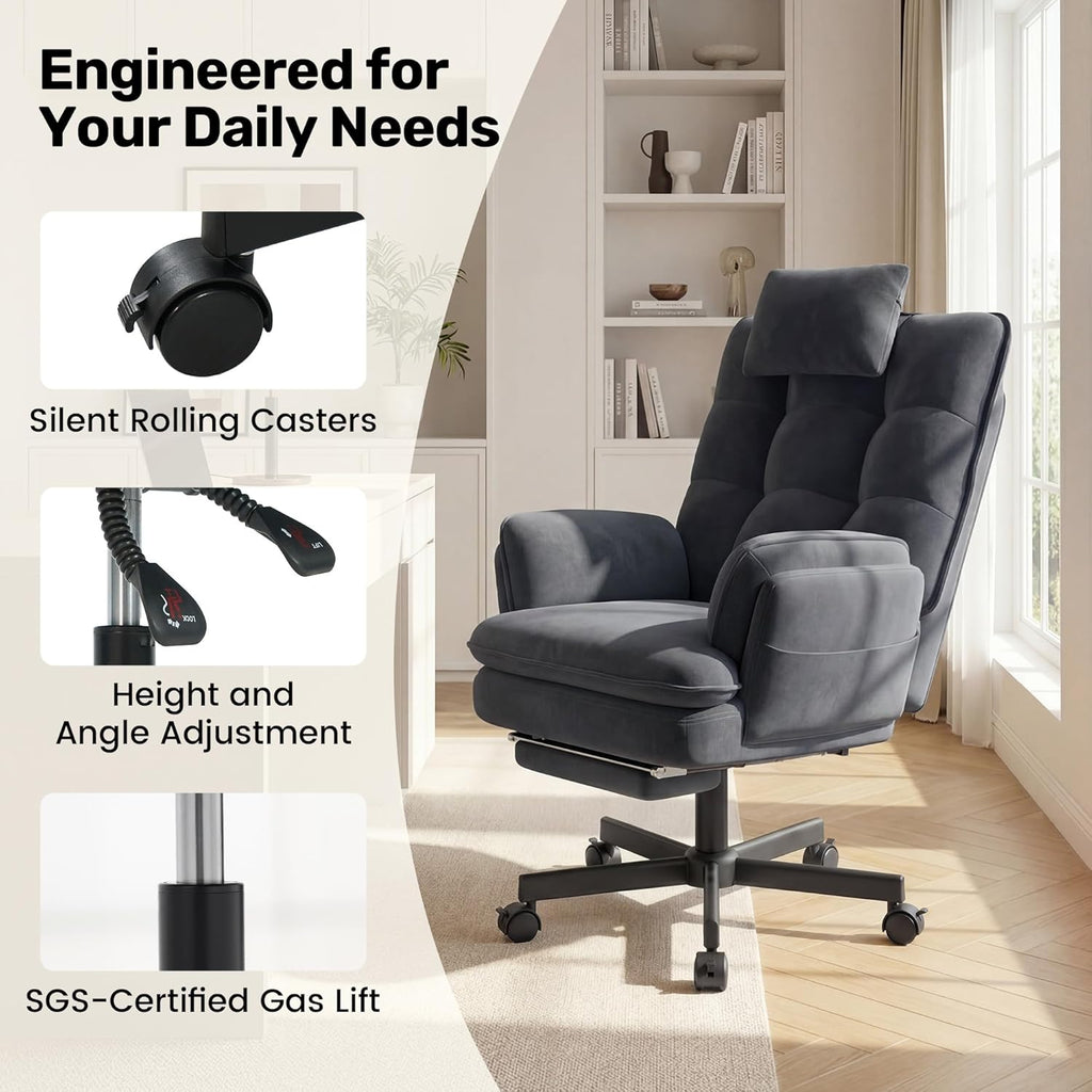 Criss Cross Office Chair with Flip-Up Armrests and Headrest, 135° Reclining Swivel Velvet Criss Cross Chair with Wheels & Foot Rest, Big and Tall Cloud Cross Legged Office Chair for Home, Gray