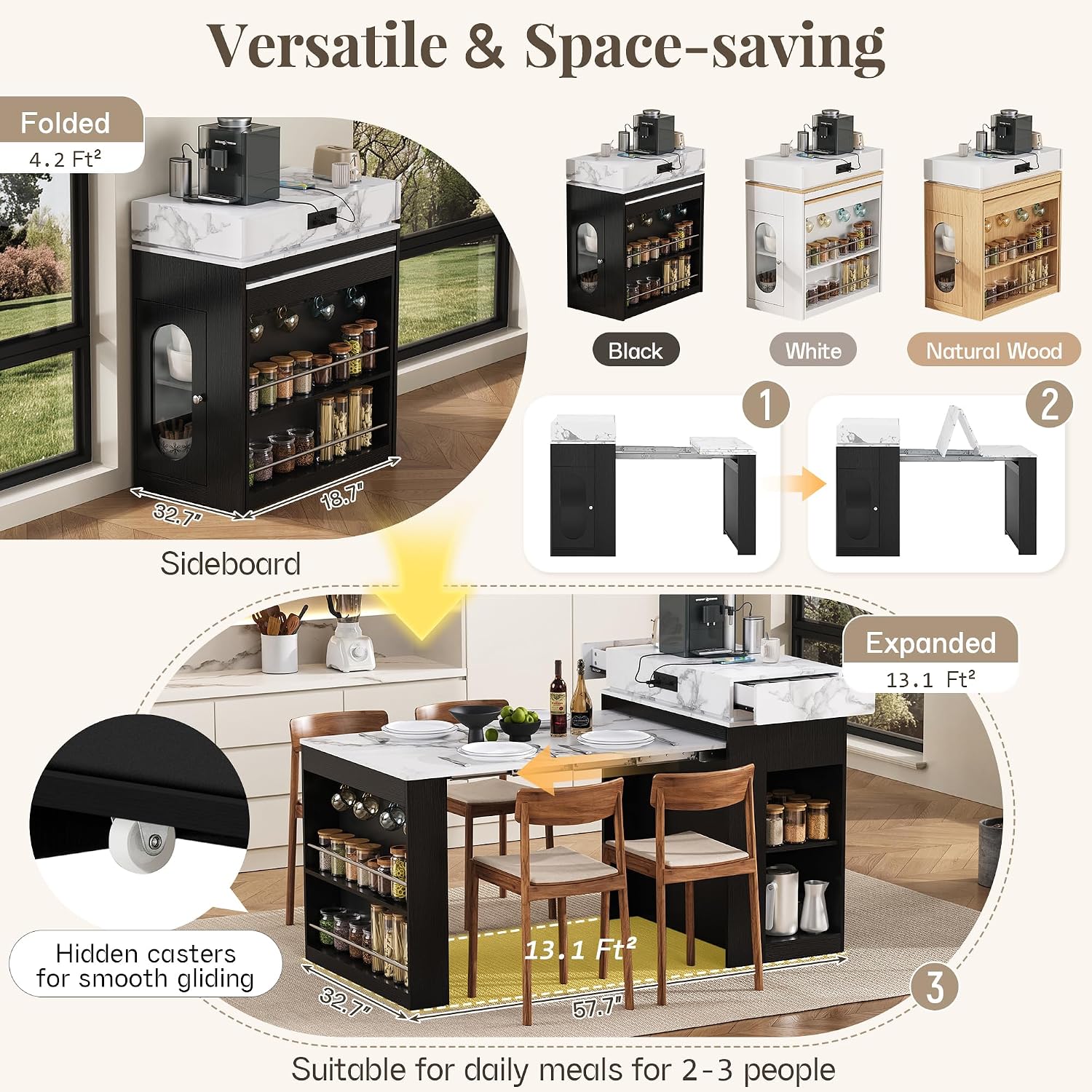 Extendable Dining Table with Storage, Transformer Console Table for 1-4 People, Mobile Rolling Island Table Space Saving Dining Room Table with Built-in Outlet for Homes, Apartments, Black Marble