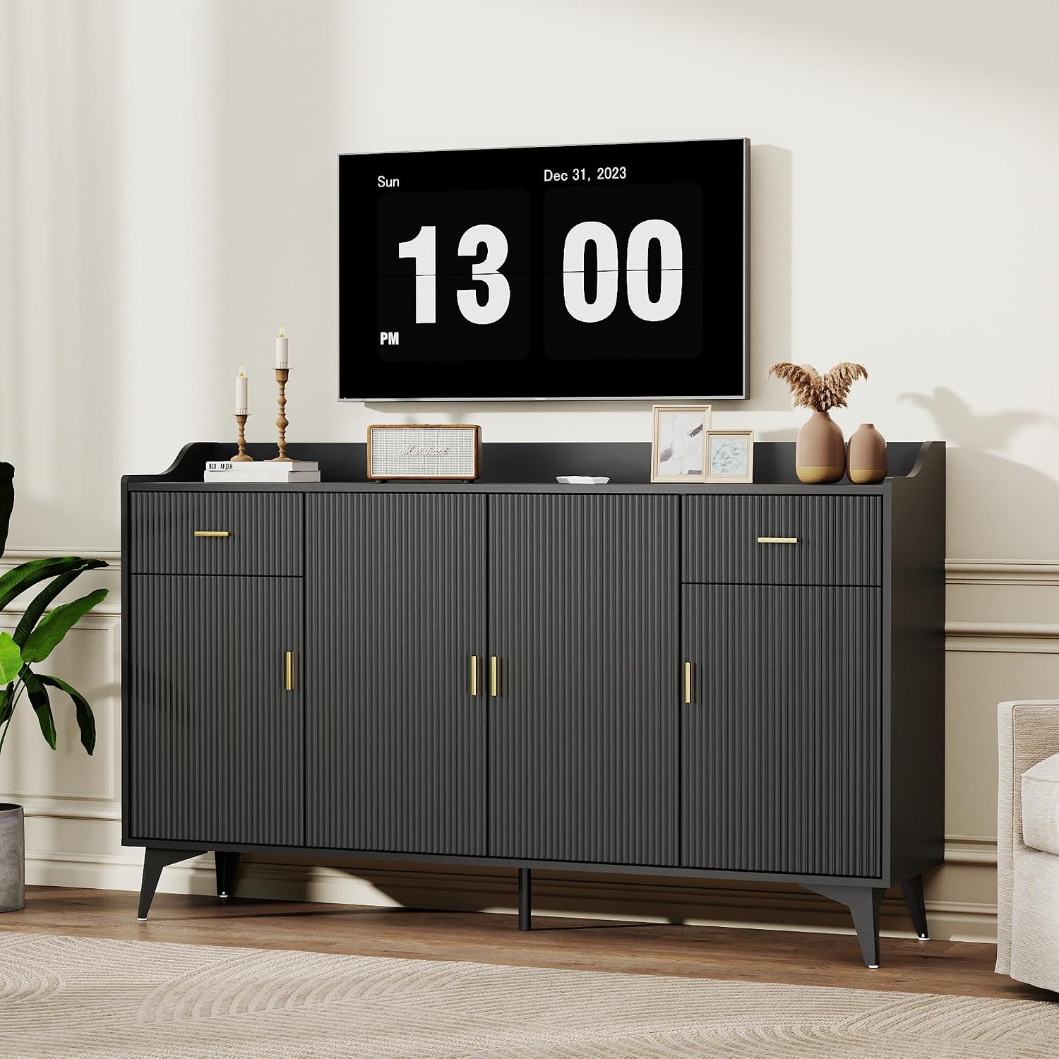 Sideboard Buffet Cabinet with Storage: 63" Black Credenza Storage Cabinet with Drawers, Modern Tall Fluted Buffet Cabinets with 4 Doors for Living Room and Kitchen (63")