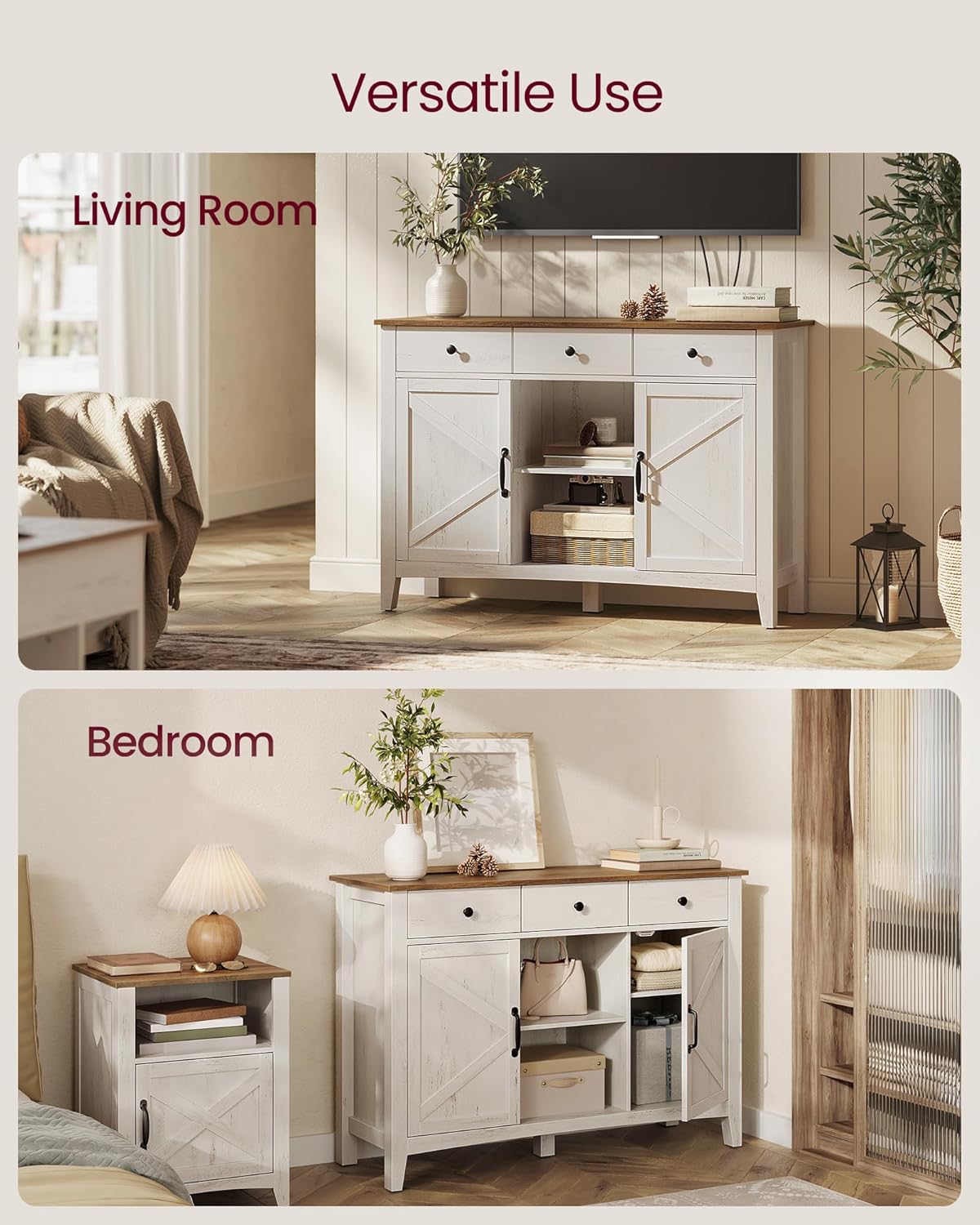 VASAGLE LIRY Collection - Buffet Cabinet, Coffee Bar Cabinet with 3 Drawers, Adjustable Shelves, Sideboard Storage with Cable Holes, Drawer Dividers, Rustic White and Honey Brown UBBK371W01V1