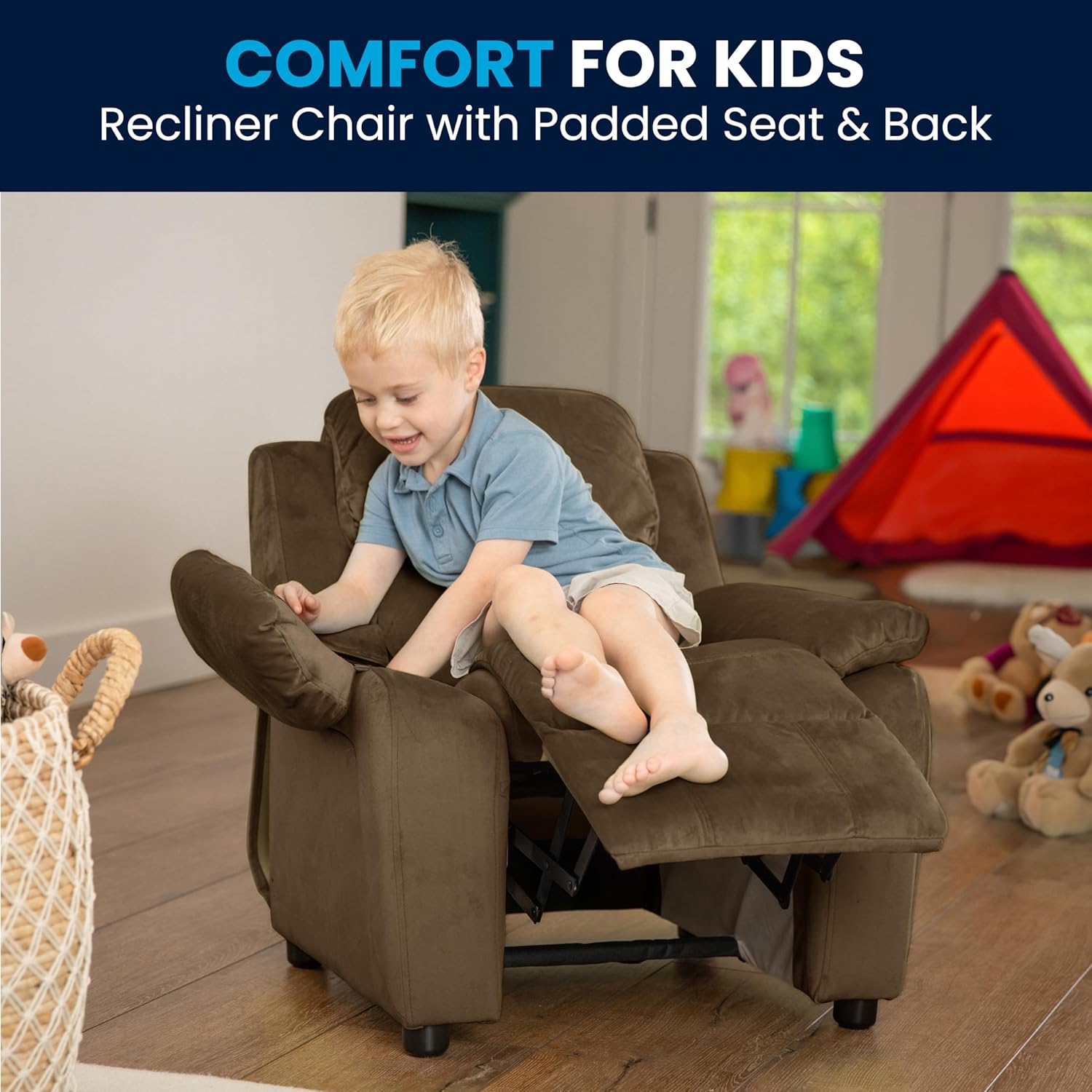 Flash Furniture Charlie Microfiber Kids Recliner with Flip-Up Storage Arms and Safety Recline, Contemporary Reclining Chair for Kids, Supports up to 90 lbs., Brown