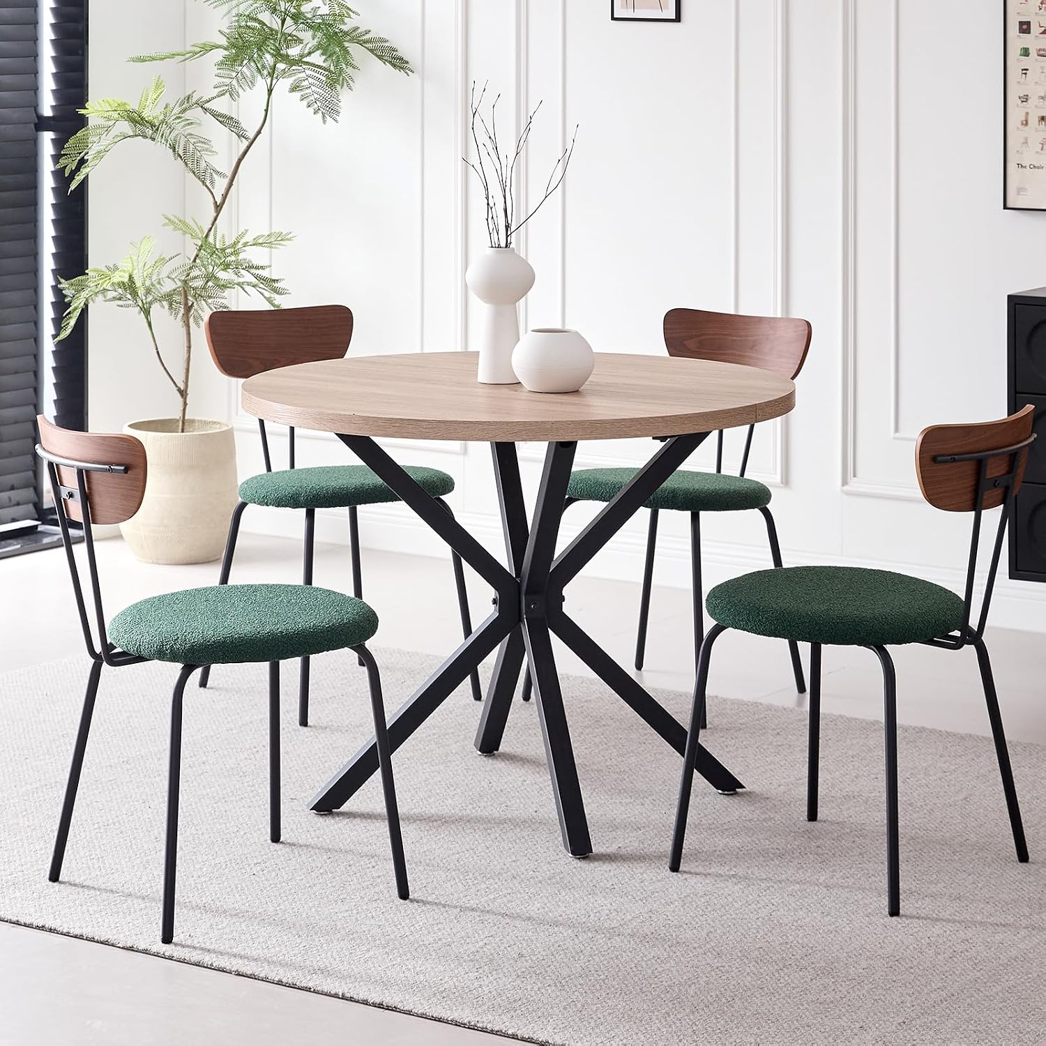 Stackable Dining Chair Set of 4, Small Modern Kitchen Chair with Solid Wood Back, Space Saving Chairs for Apartment Living Room, Green