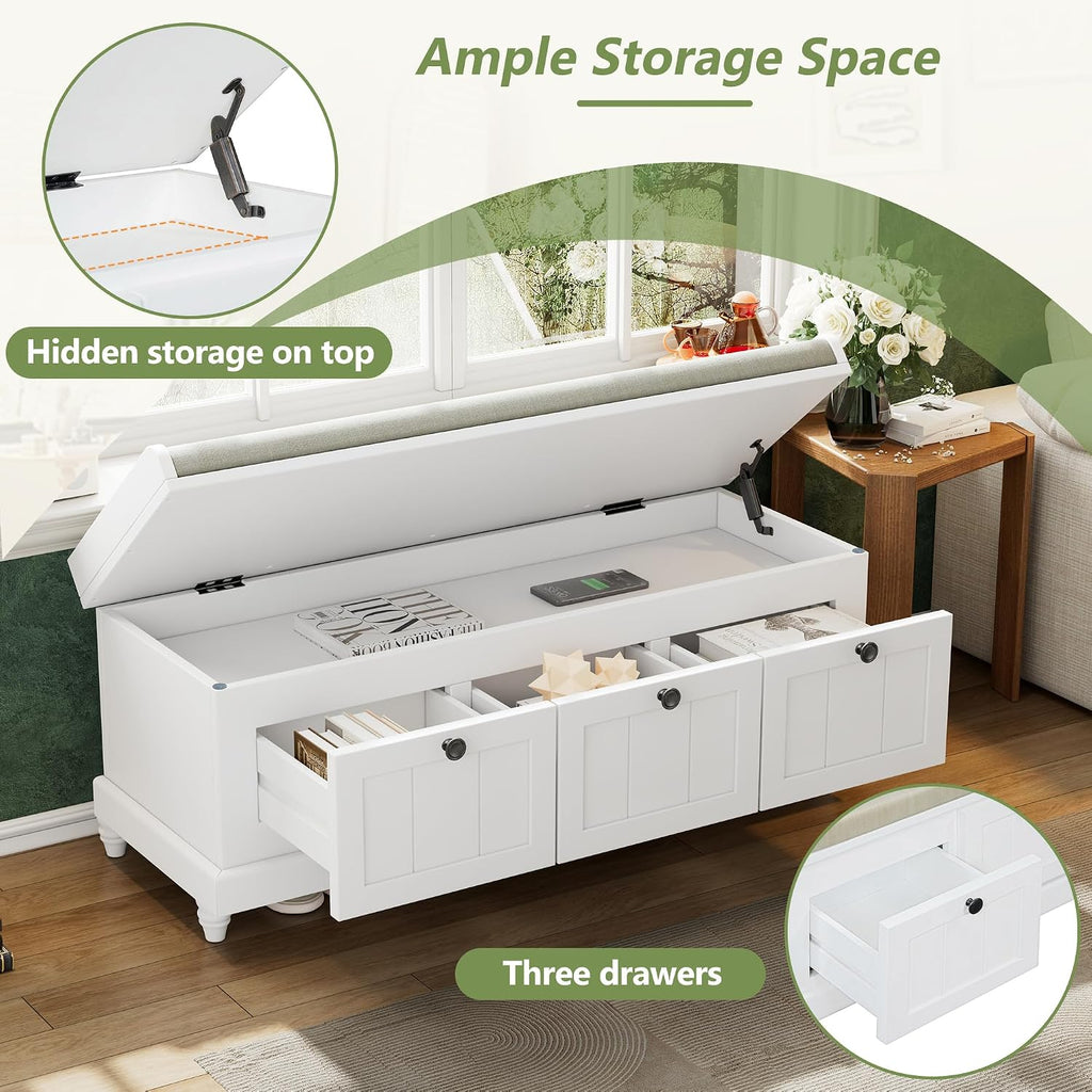 TREXM Classic Shoe Bench with Cushion & 3 Drawers, Fluted Storage Entryway Bench for Hallway, Living Room, White