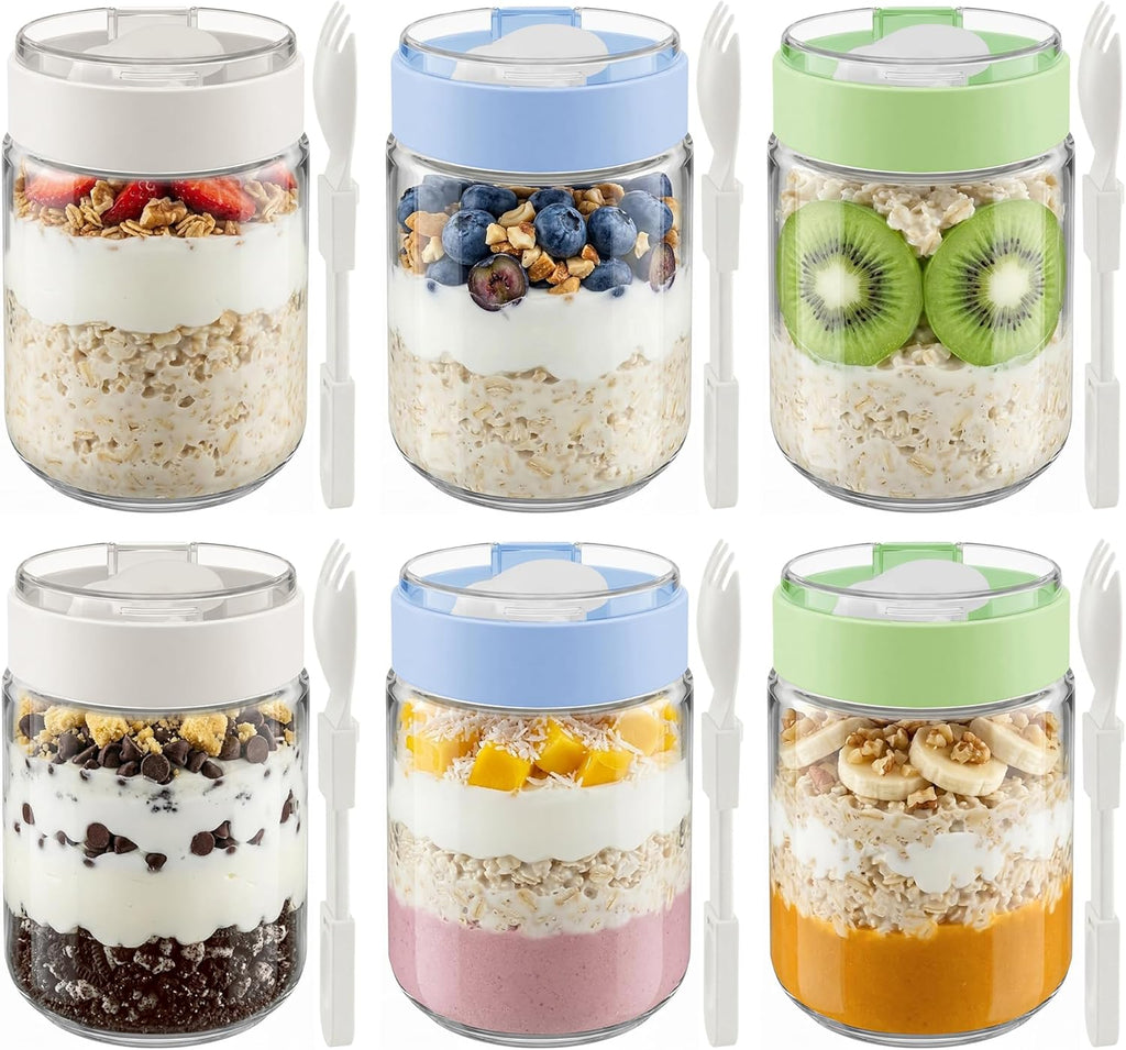 Vtopmart 6 Pack 16 oz Overnight Oats Containers with Lids and Folding Spoons Stored in Lid, Airtight Leakproof, Glass Jars for Overnight Oats, Yogurt, Fruit, Chia Pudding, Meal Prep