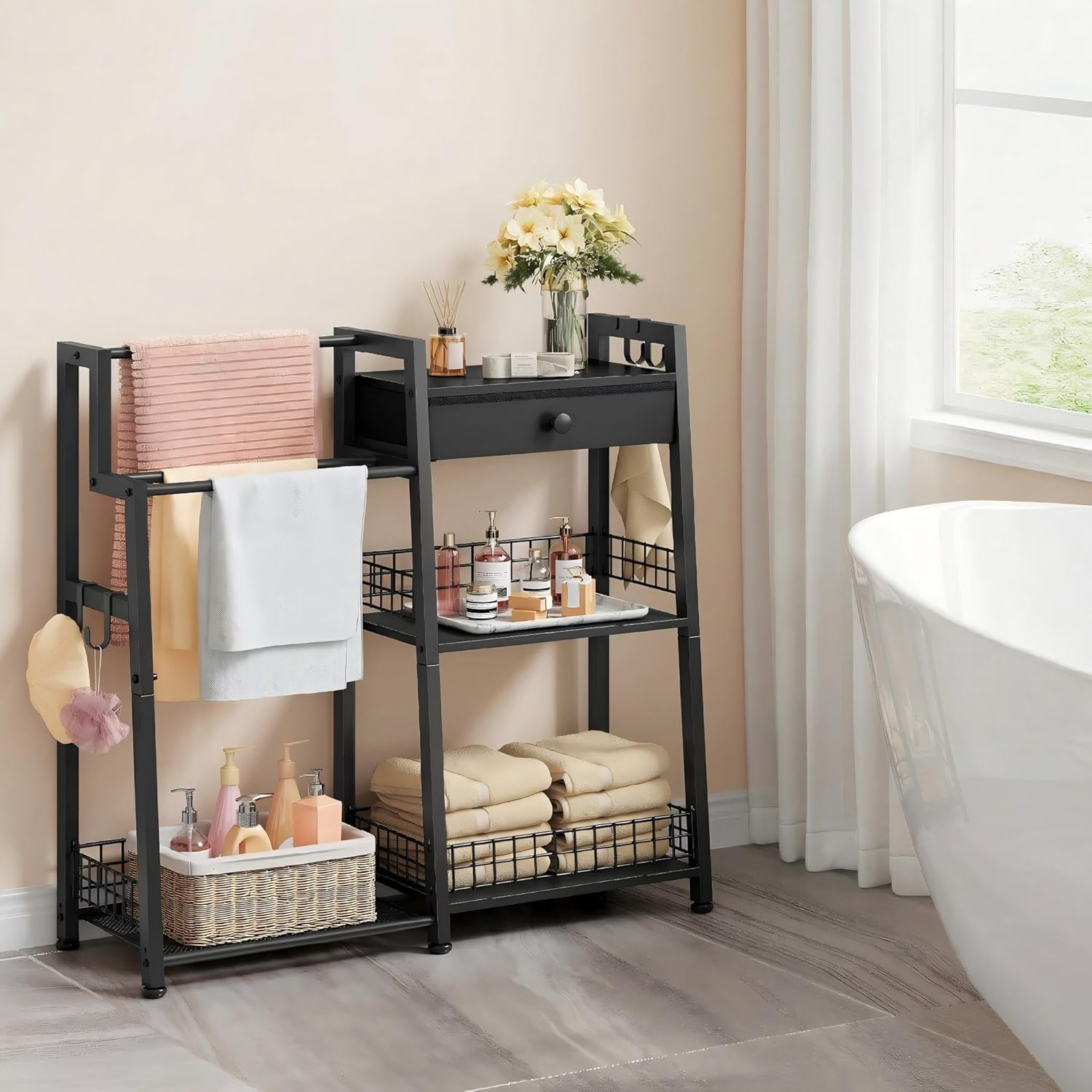 Gewudraw 2-in-1 Bathroom Ladder Shelf, 3-Tier Freestanding Towel Shelf with Drawer & Hooks, Storage Organizer for Bathroom, Laundry Room, Living Room, Balcony, Black