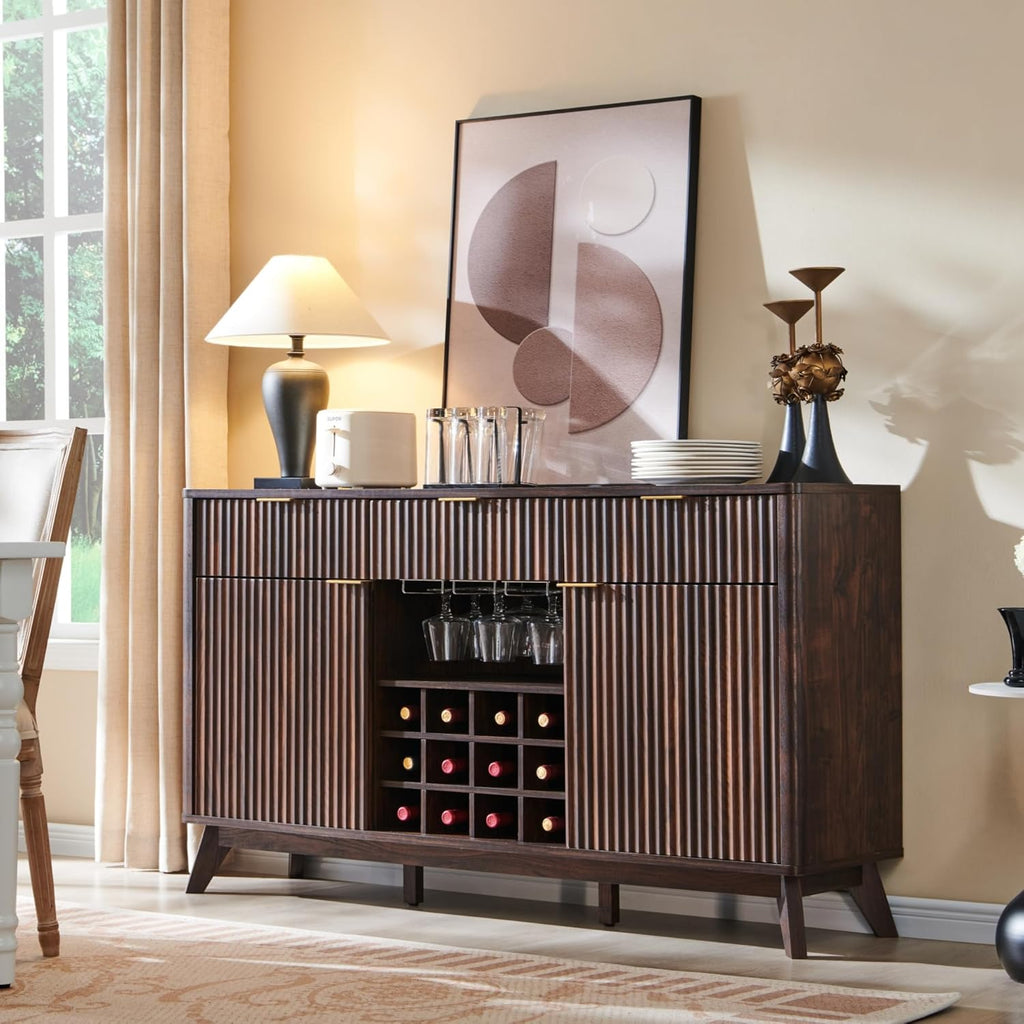 OKD Fluted Wine Bar Cabinet, 60" Wide Modern Buffet Sideboard with Ample Storage - 2 Side Cabinets, 3 Drawers, 4 Glass Holders & 12 Wine Racks, Coffee Bar Cabinet for Kitchen, Dining Room, Dark Walnut